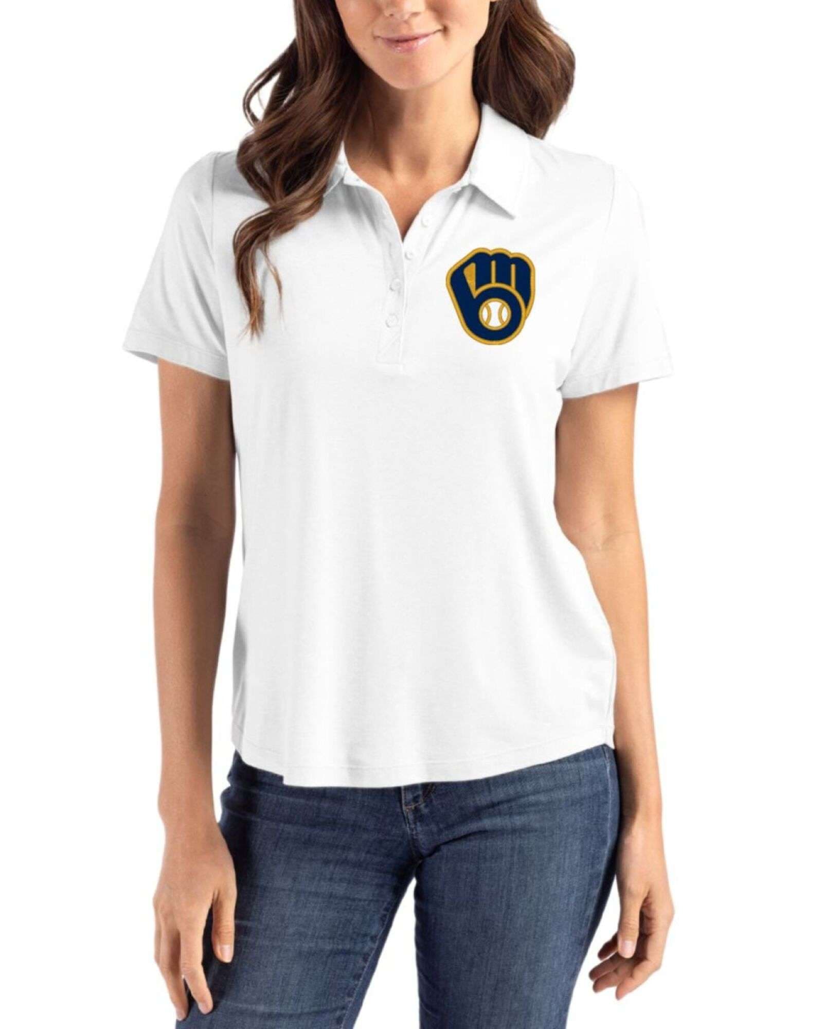 Women's Milwaukee Brewers Cutter & Buck White Coastline Double Peached Polo