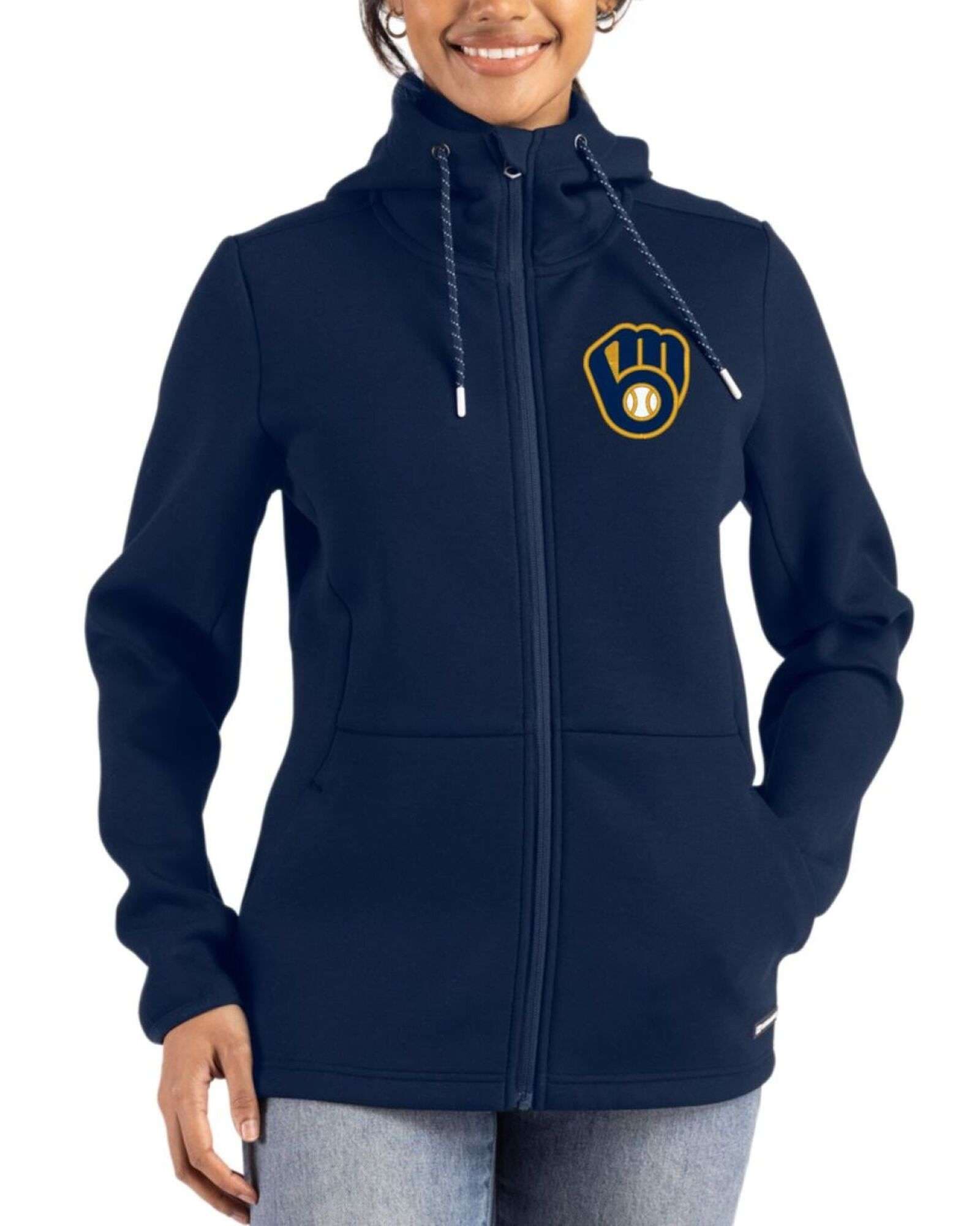 Women's Milwaukee Brewers Cutter & Buck Navy Blue Roam Buttery-Soft Knit Full Zip Hooded Jacket