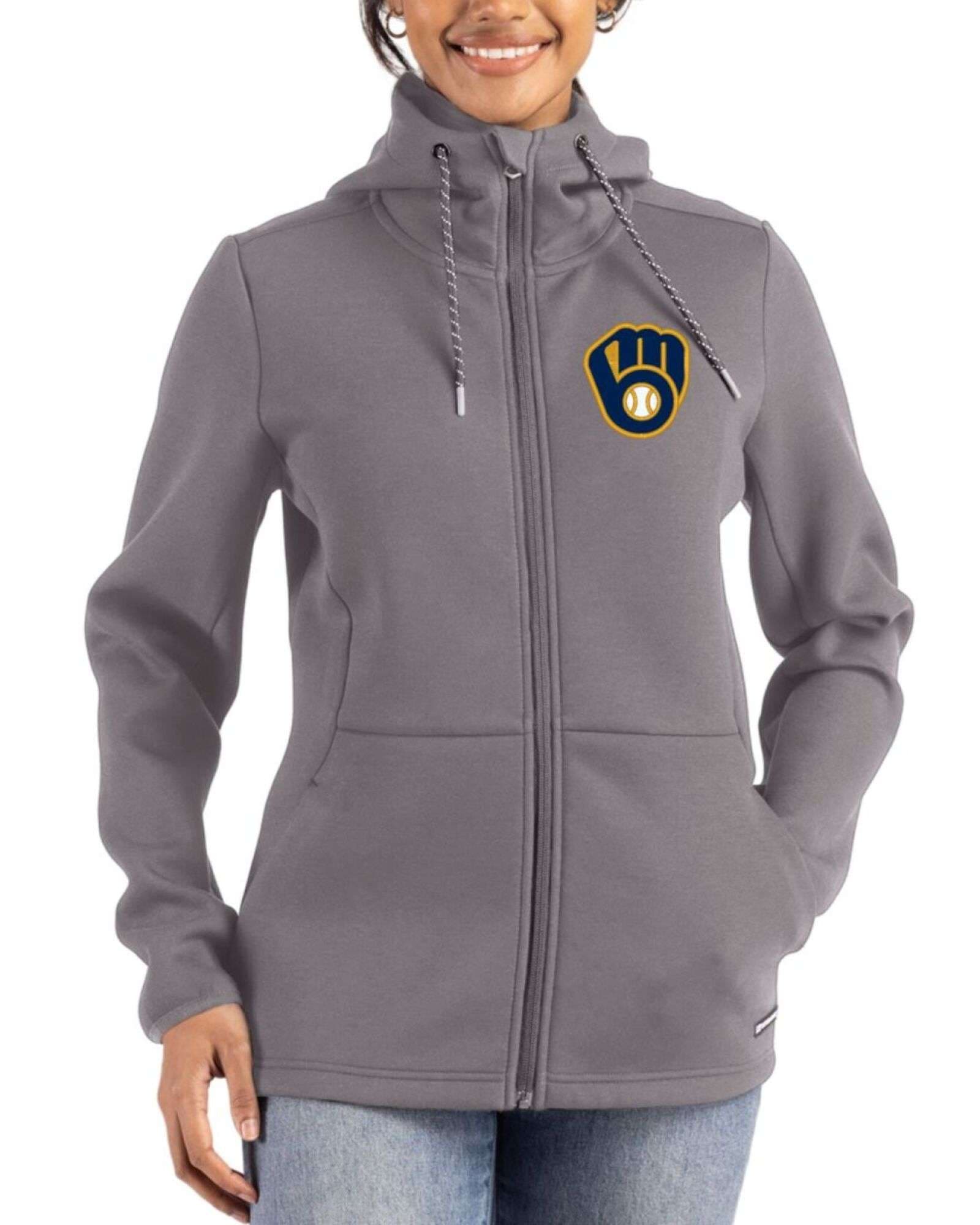 Women's Milwaukee Brewers Cutter & Buck Elemental Grey Roam Buttery-Soft Knit Full Zip Hooded Jacket