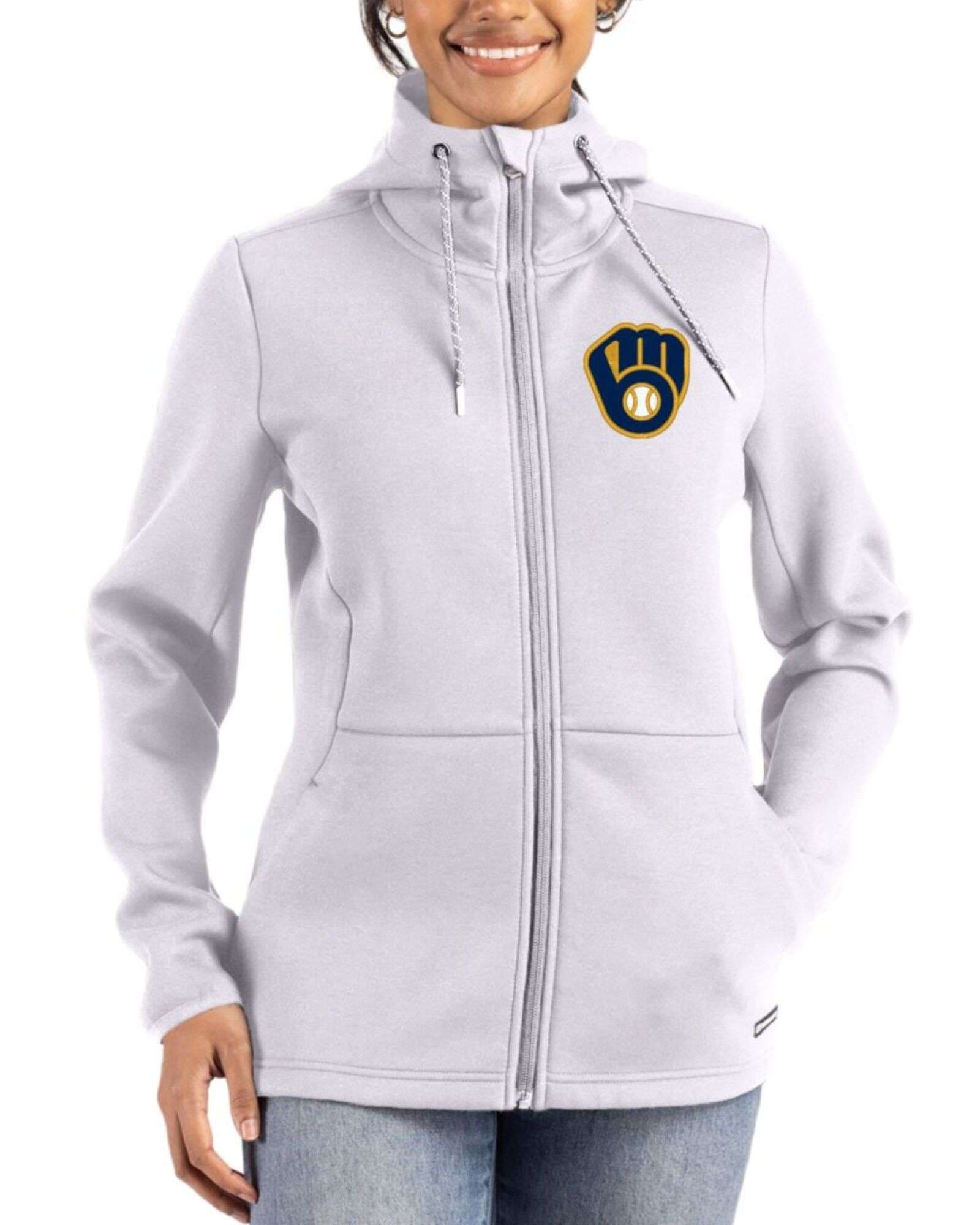 Women's Milwaukee Brewers Cutter & Buck Solitare Roam Buttery-Soft Knit Full Zip Hooded Jacket