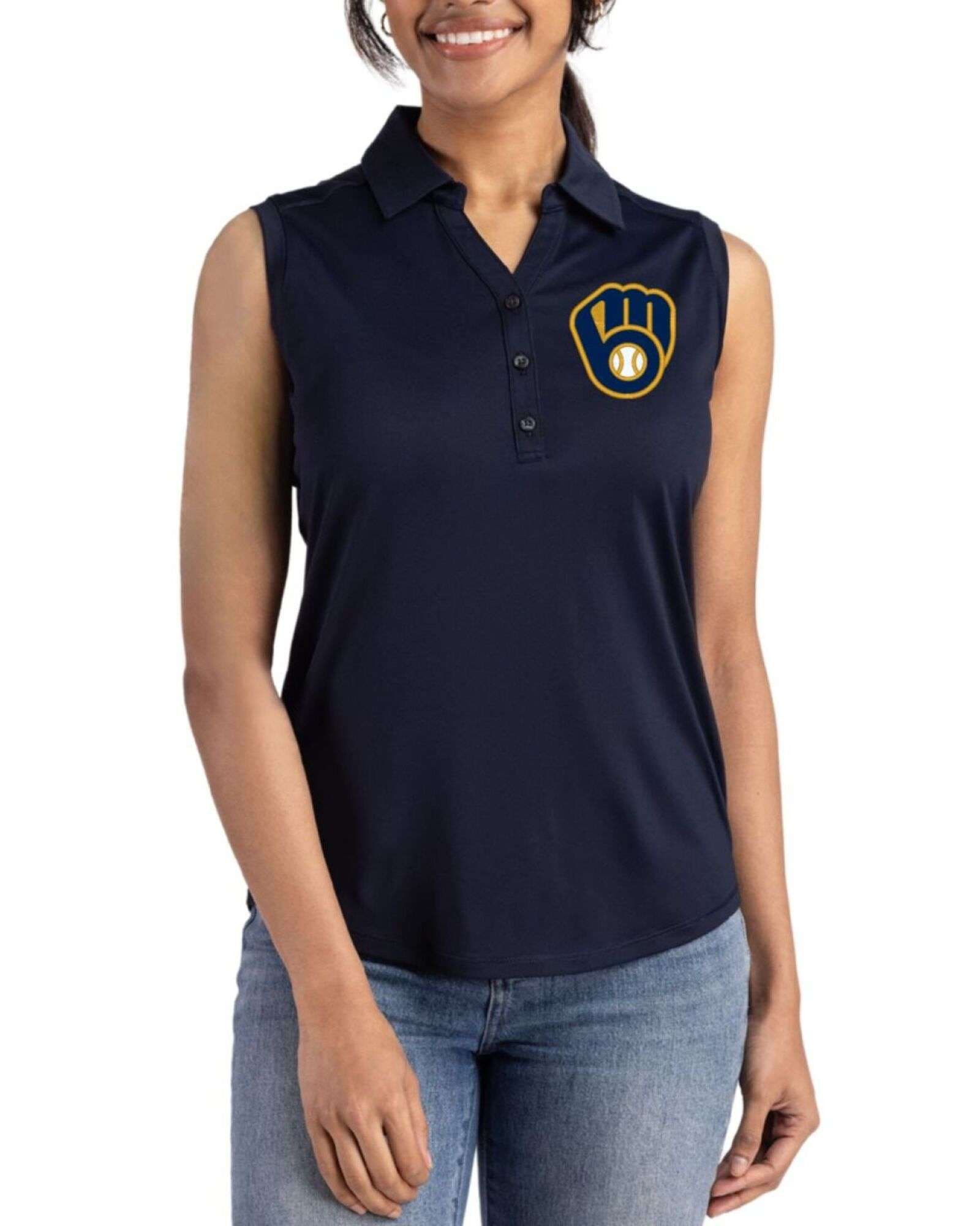 Women's Milwaukee Brewers Cutter & Buck Navy Blue Forge Four-Way Stretch Sleeveless Polo