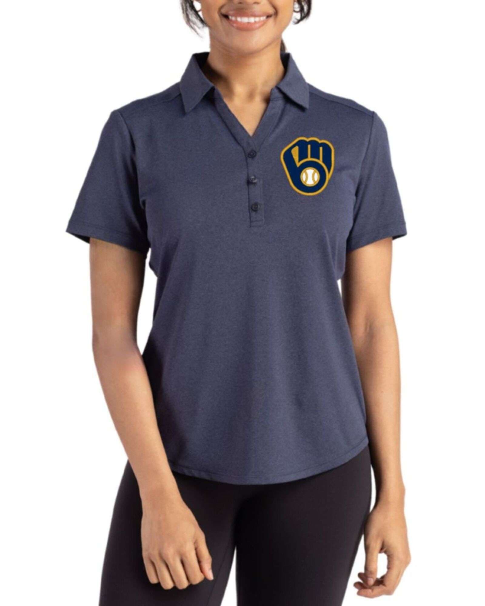 Women's Milwaukee Brewers Cutter & Buck Dark Navy Blue Heather Forge Four-Way Stretch Polo