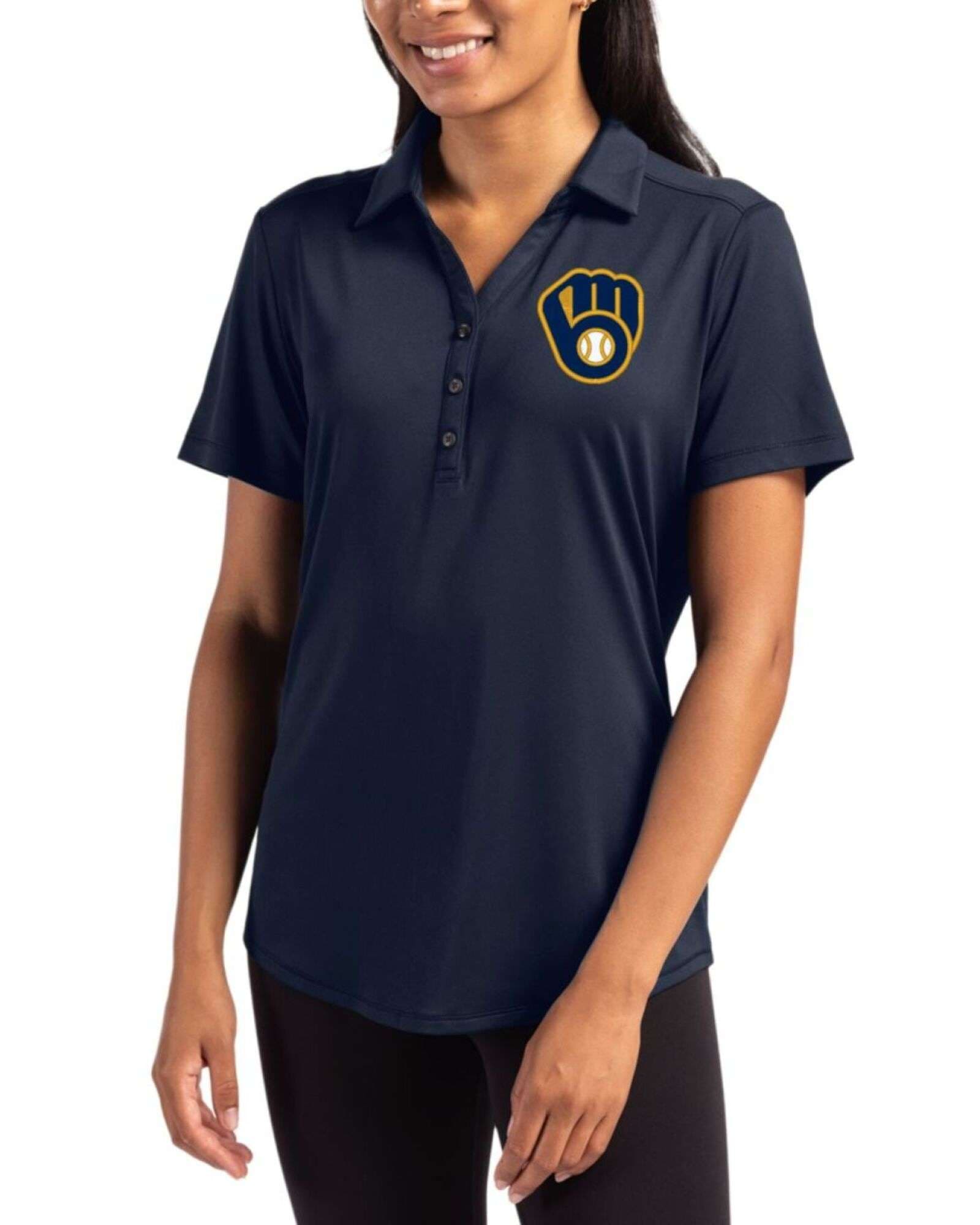 Women's Milwaukee Brewers Cutter & Buck Navy Blue Forge Four-Way Stretch Polo