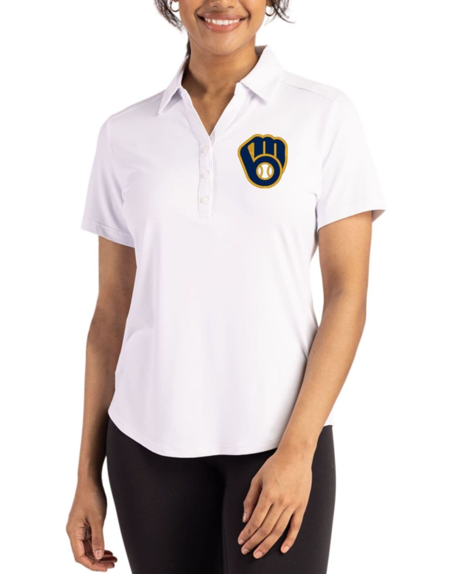 Women's Milwaukee Brewers Cutter & Buck White Forge Four-Way Stretch Polo