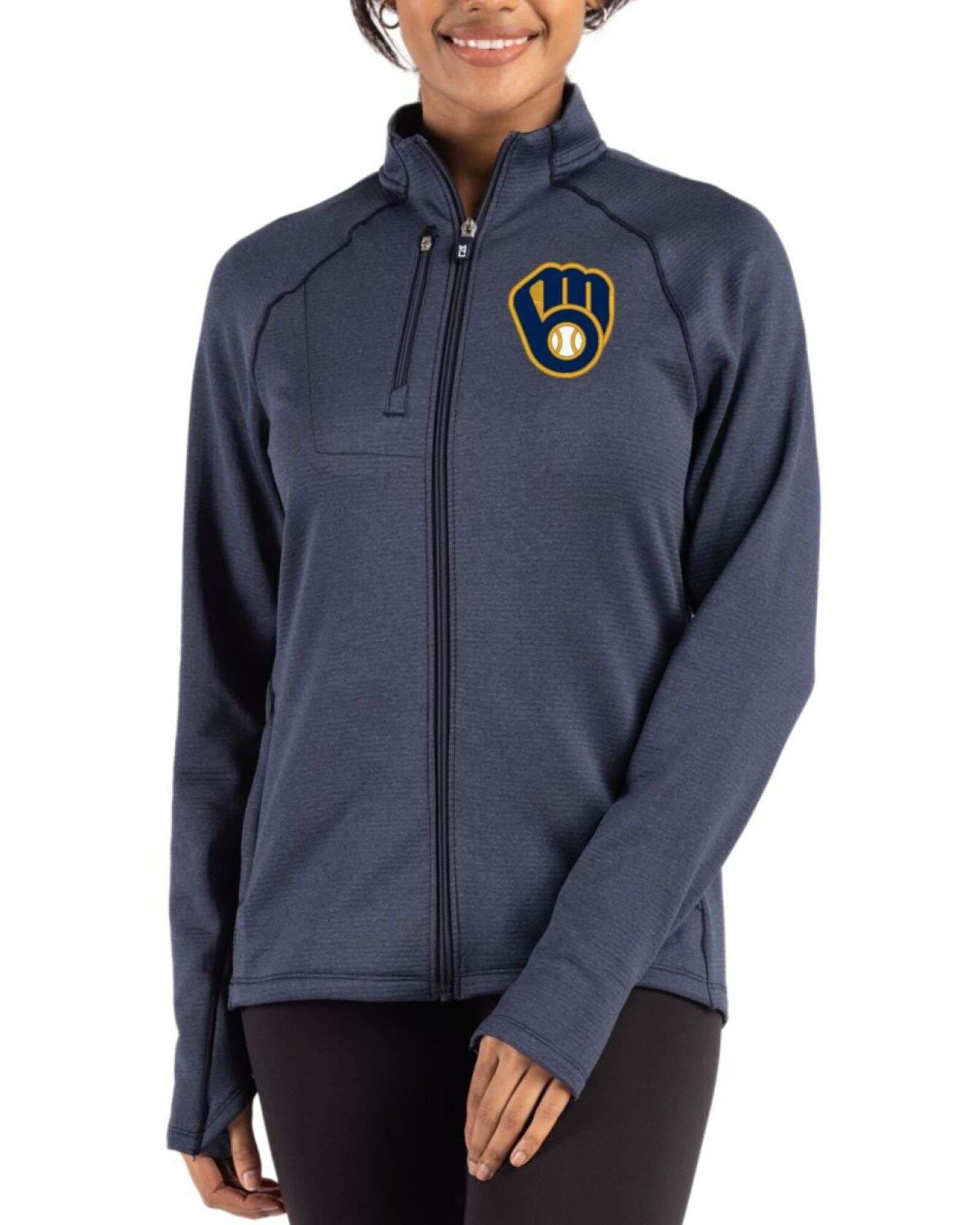 Women's Milwaukee Brewers Cutter & Buck Navy Blue Heather Peshastin Epic Versatility Fleece Full Zip Jacket