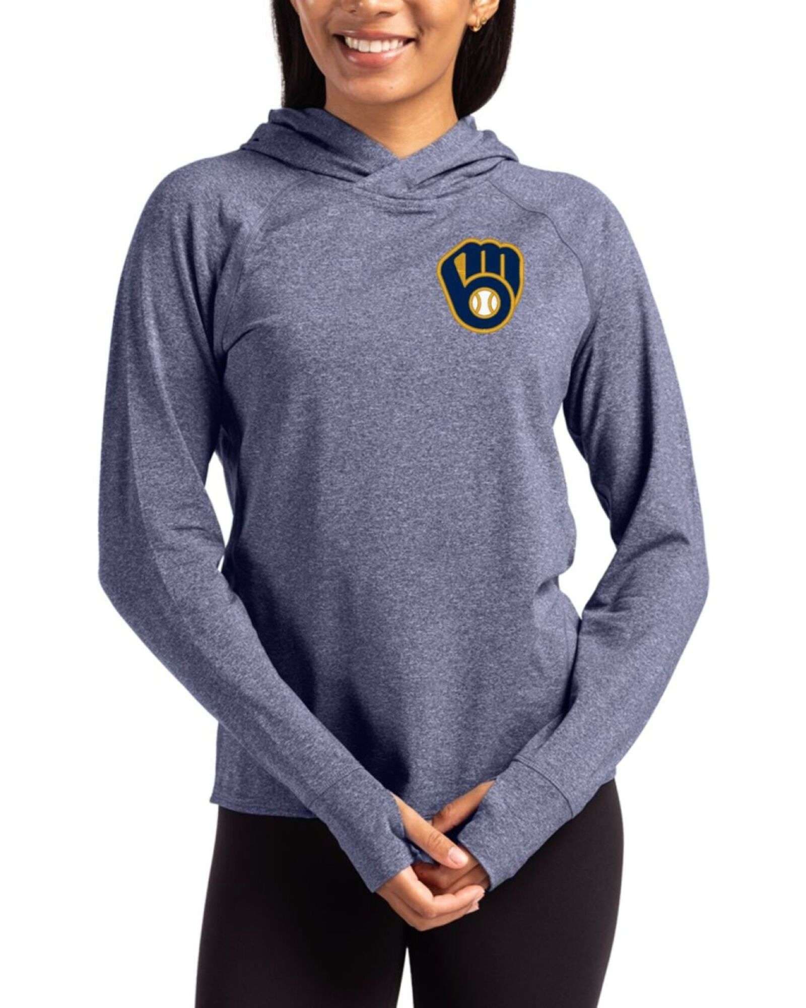Women's Milwaukee Brewers Cutter & Buck Navy Blue Heather Adapt Soft Knit Stretch Hooded Pullover