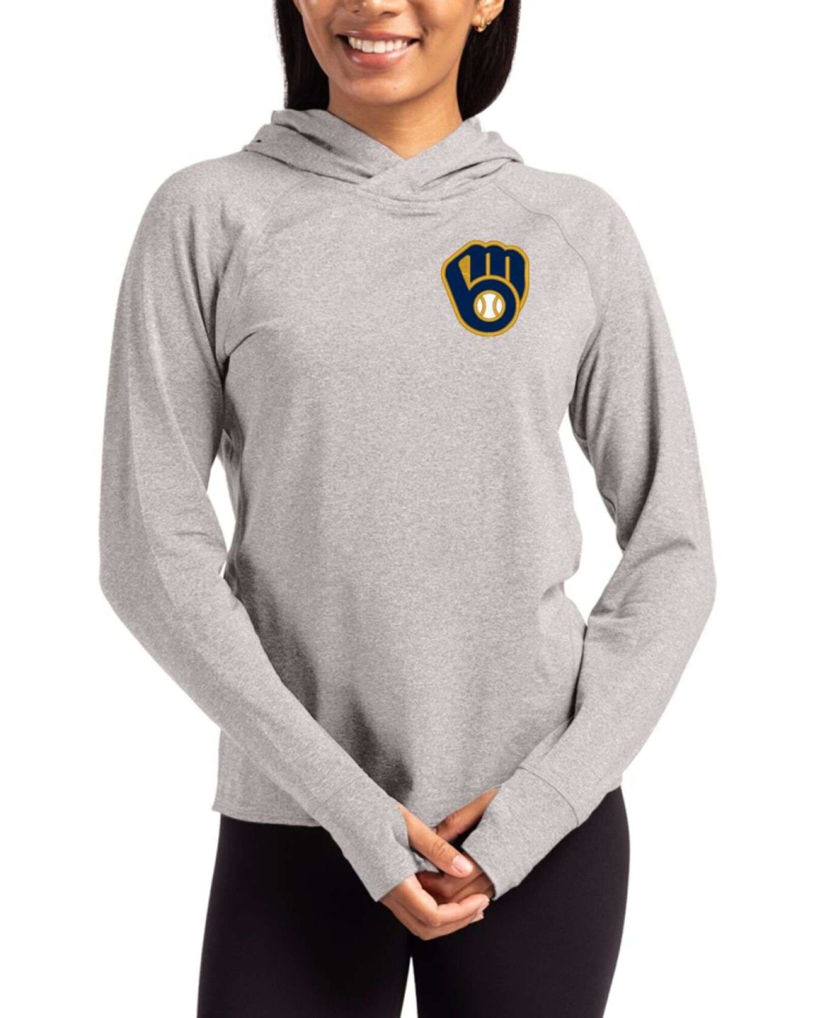 Women's Milwaukee Brewers Cutter & Buck Polished Heather Adapt Soft Knit Stretch Hooded Pullover