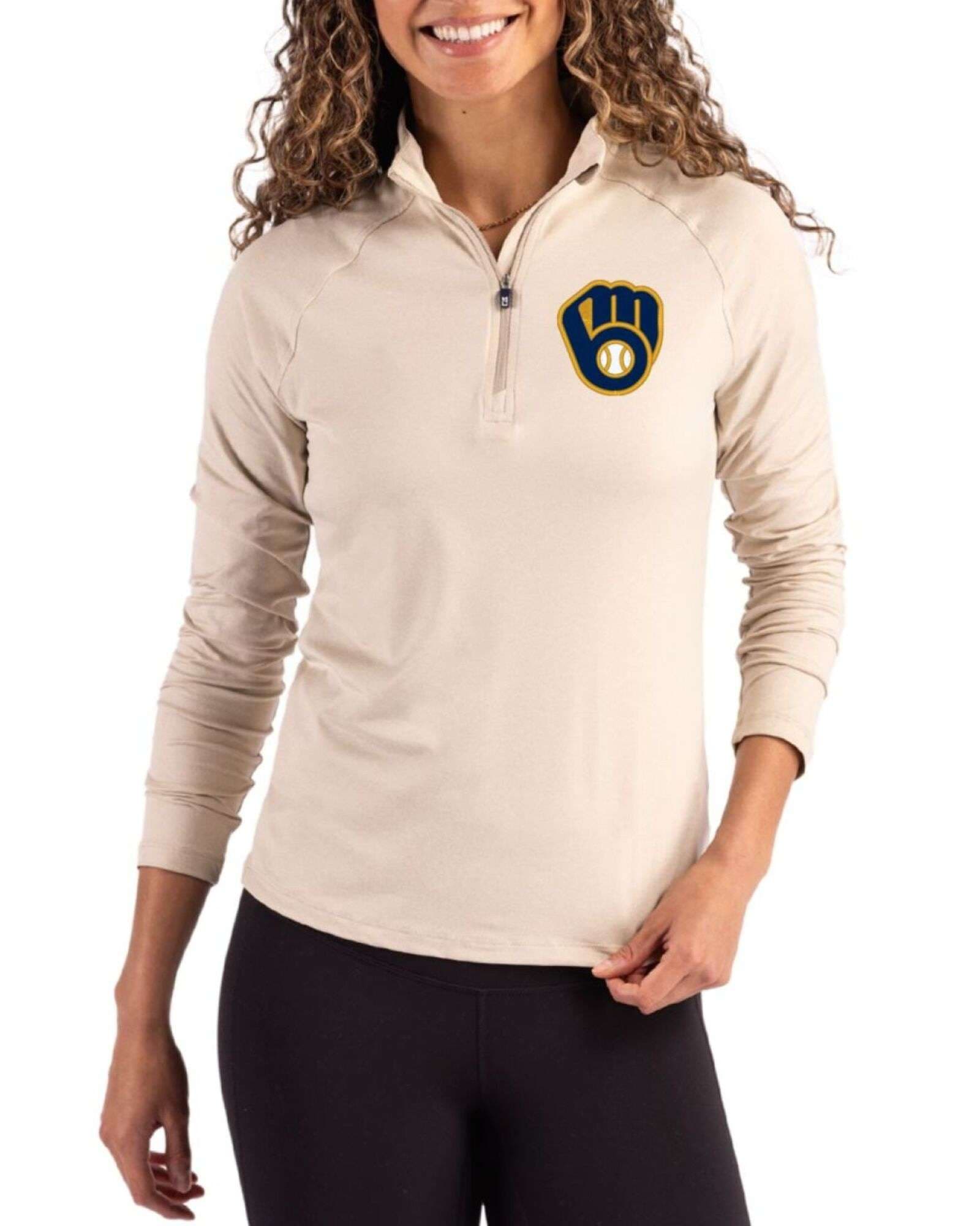 Women's Milwaukee Brewers Cutter & Buck Wheat Coastline Double Peached Quarter Zip Pullover