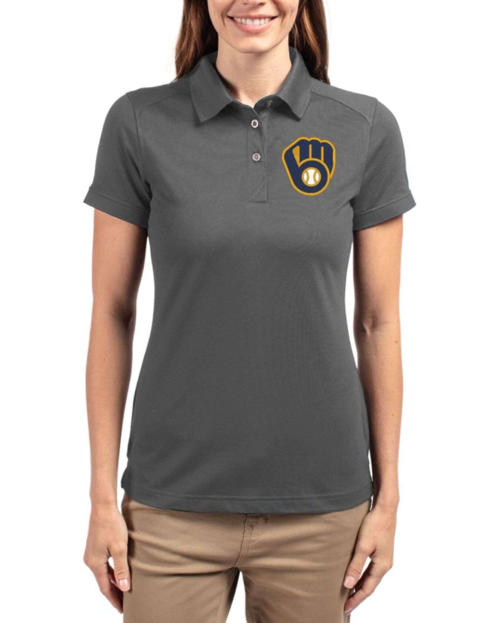 Women's Milwaukee Brewers Cutter & Buck Elemental Grey Advantage Epic Confidence Tri-Blend Pique Polo