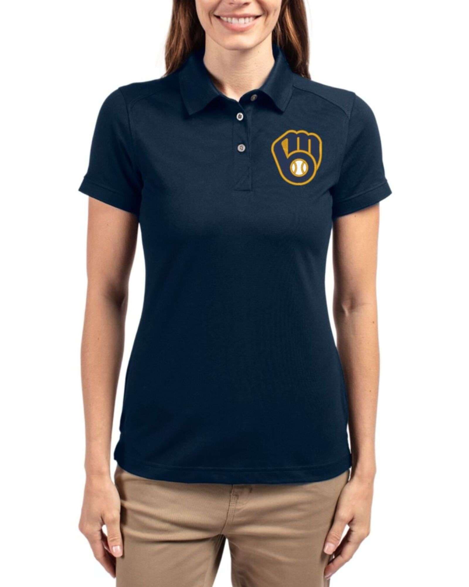 Women's Milwaukee Brewers Cutter & Buck Liberty Navy Advantage Epic Confidence Tri-Blend Pique Polo