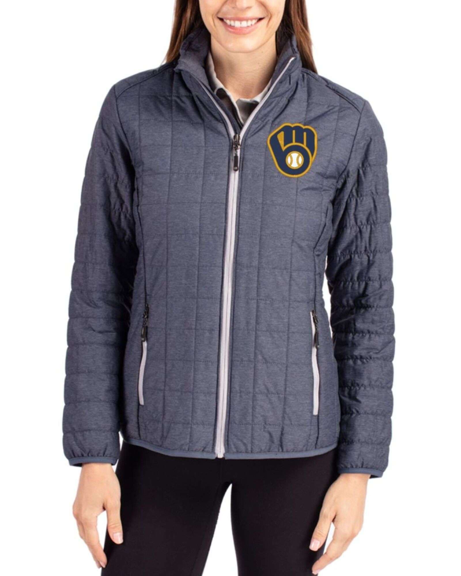 Women's Milwaukee Brewers Cutter & Buck Anthracite Melange Rainier Insulated Puffer Full Zip Jacket