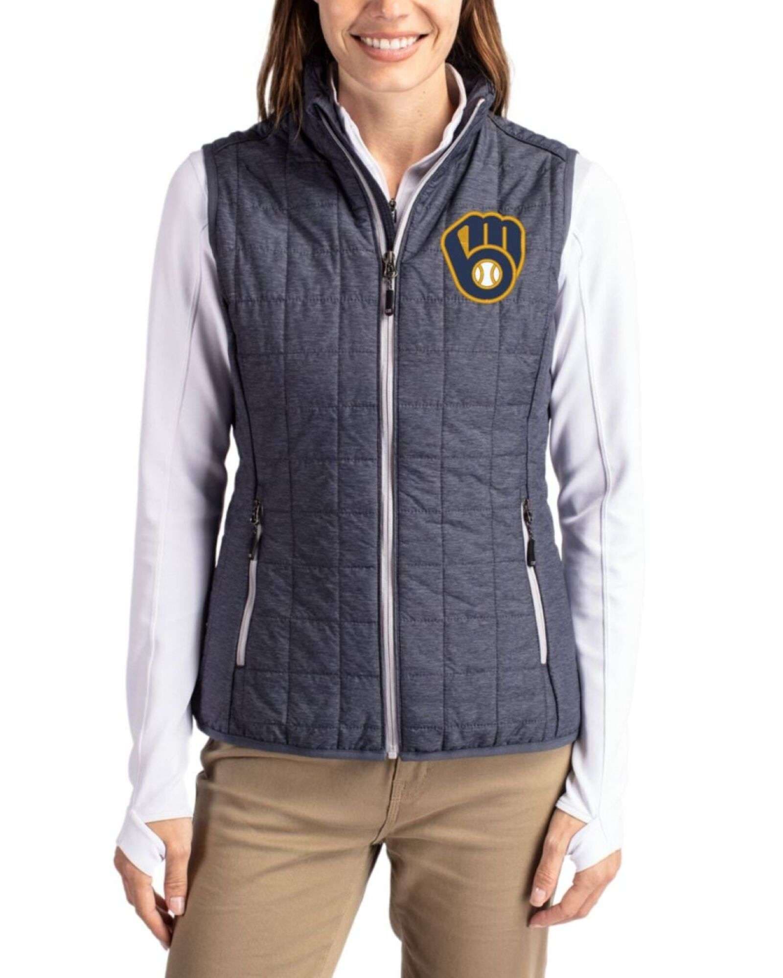 Women's Milwaukee Brewers Cutter & Buck Anthracite Melange Rainier Insulated Puffer Full Zip Vest