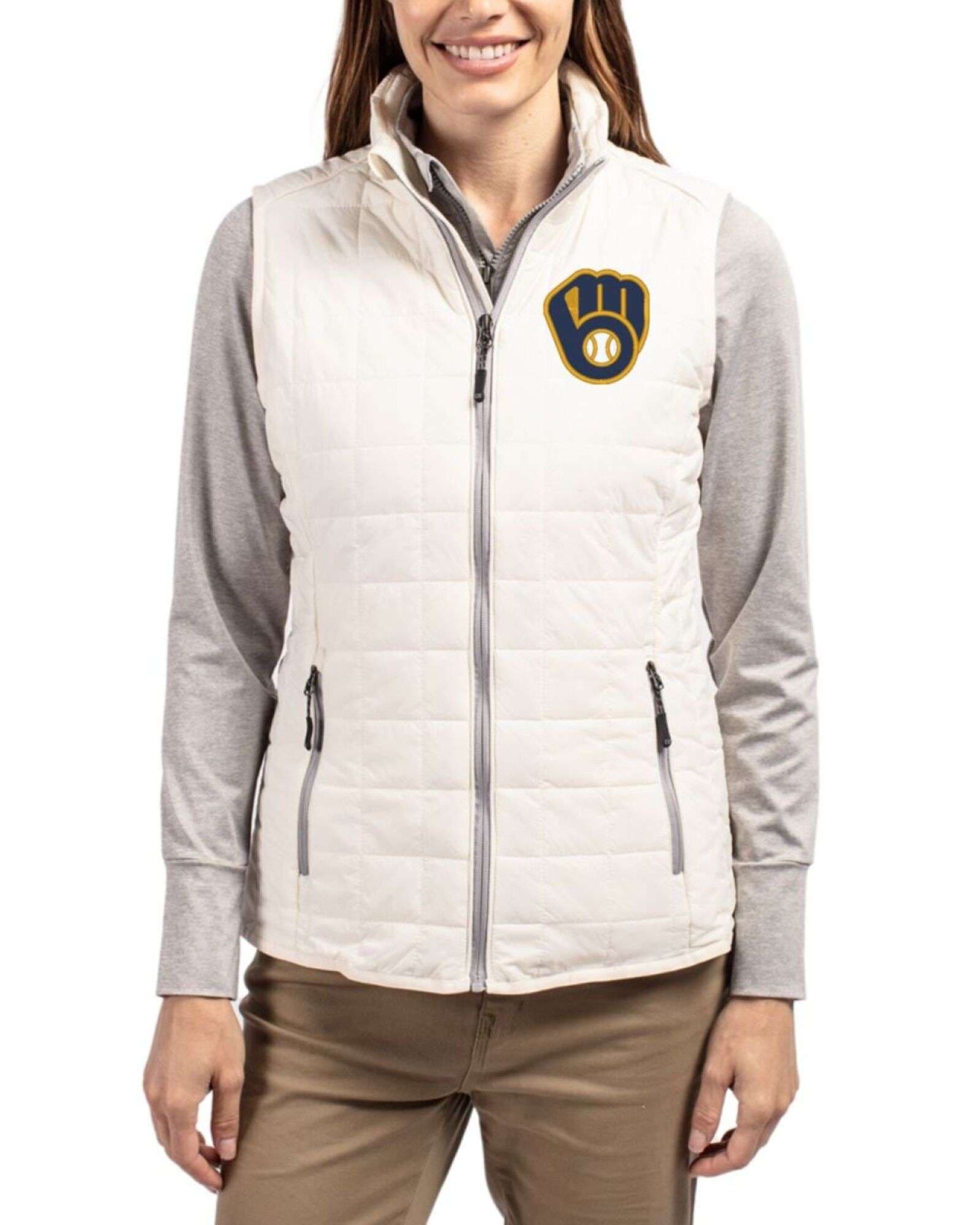 Women's Milwaukee Brewers Cutter & Buck Coconut Rainier Insulated Puffer Full Zip Vest