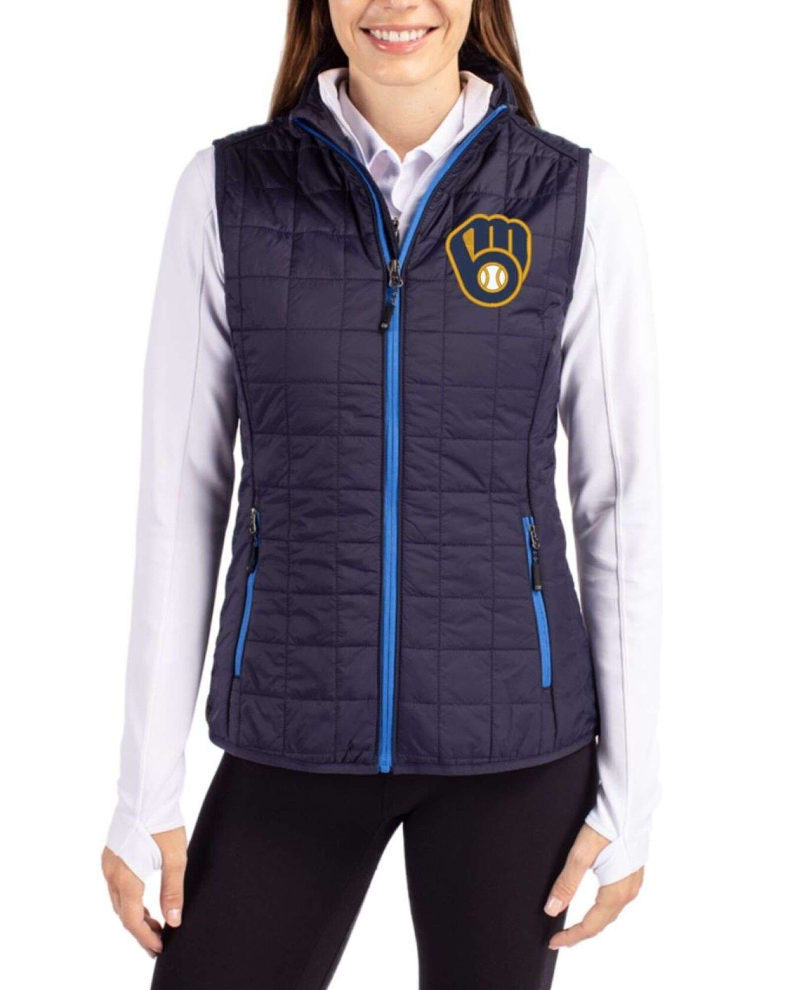 Women's Milwaukee Brewers Cutter & Buck Dark Navy Rainier Insulated Puffer Full Zip Vest
