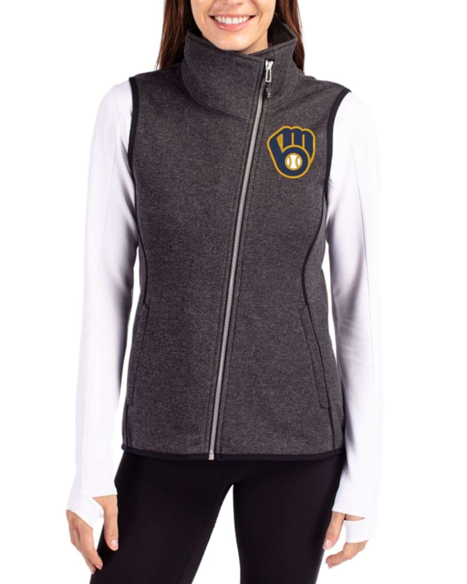 Women's Milwaukee Brewers Cutter & Buck Charcoal Heather Mainsail Sweater-Knit Full Zip Asymmetrical Vest