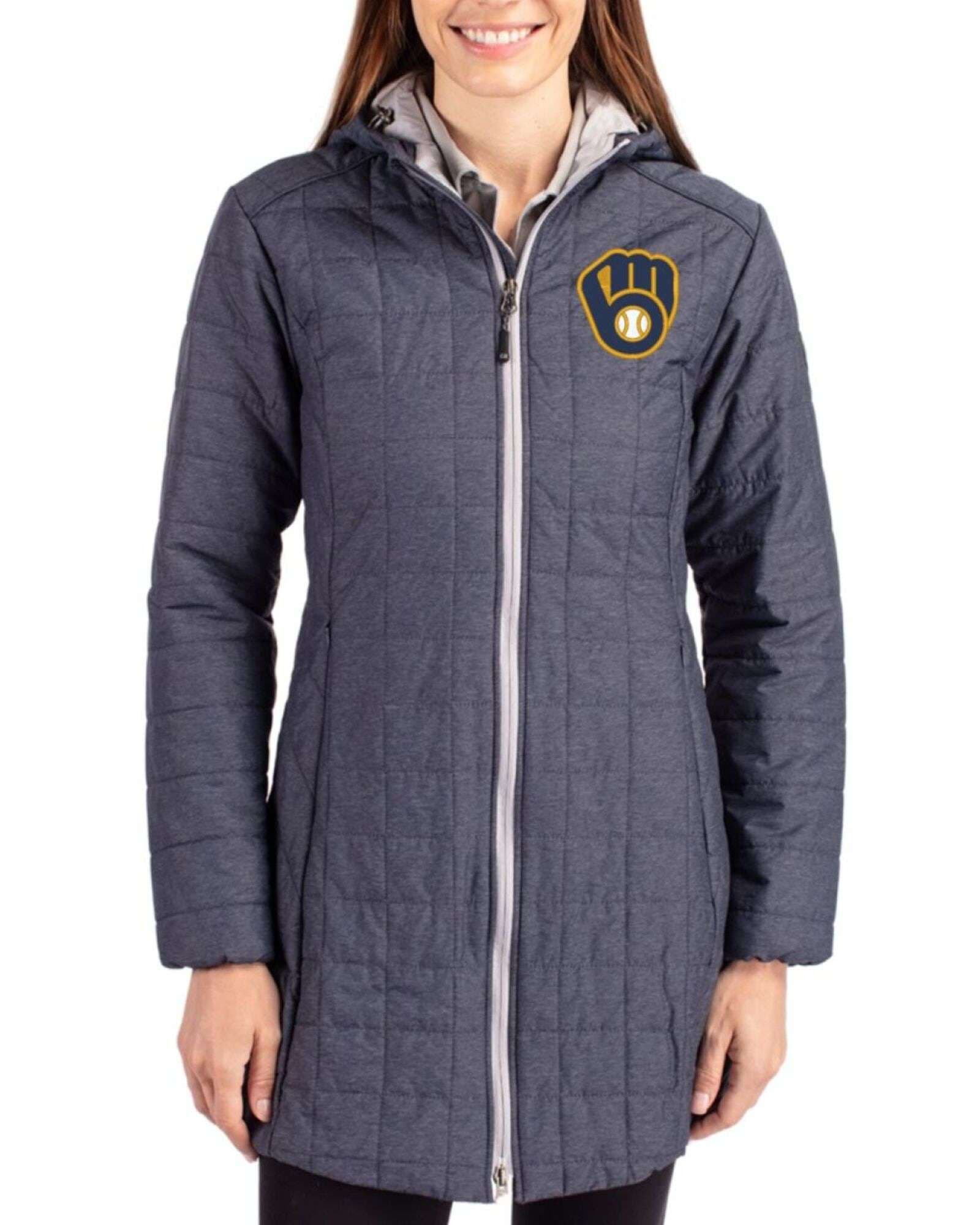 Women's Milwaukee Brewers Cutter & Buck Anthracite Melange Rainier Insulated Puffer Full Zip Hooded Long Coat