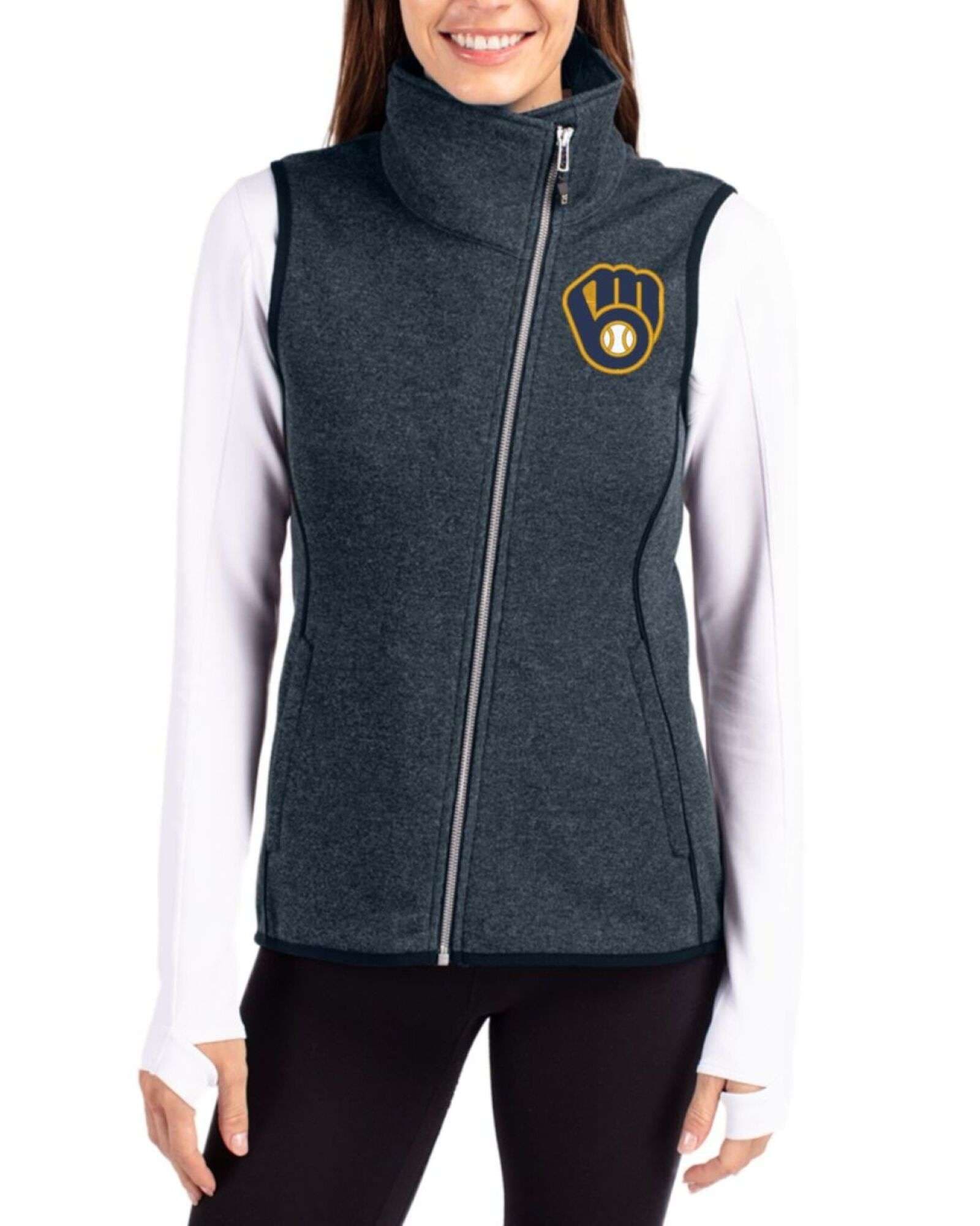 Women's Milwaukee Brewers Cutter & Buck Liberty Navy Heather Mainsail Sweater-Knit Full Zip Asymmetrical Vest