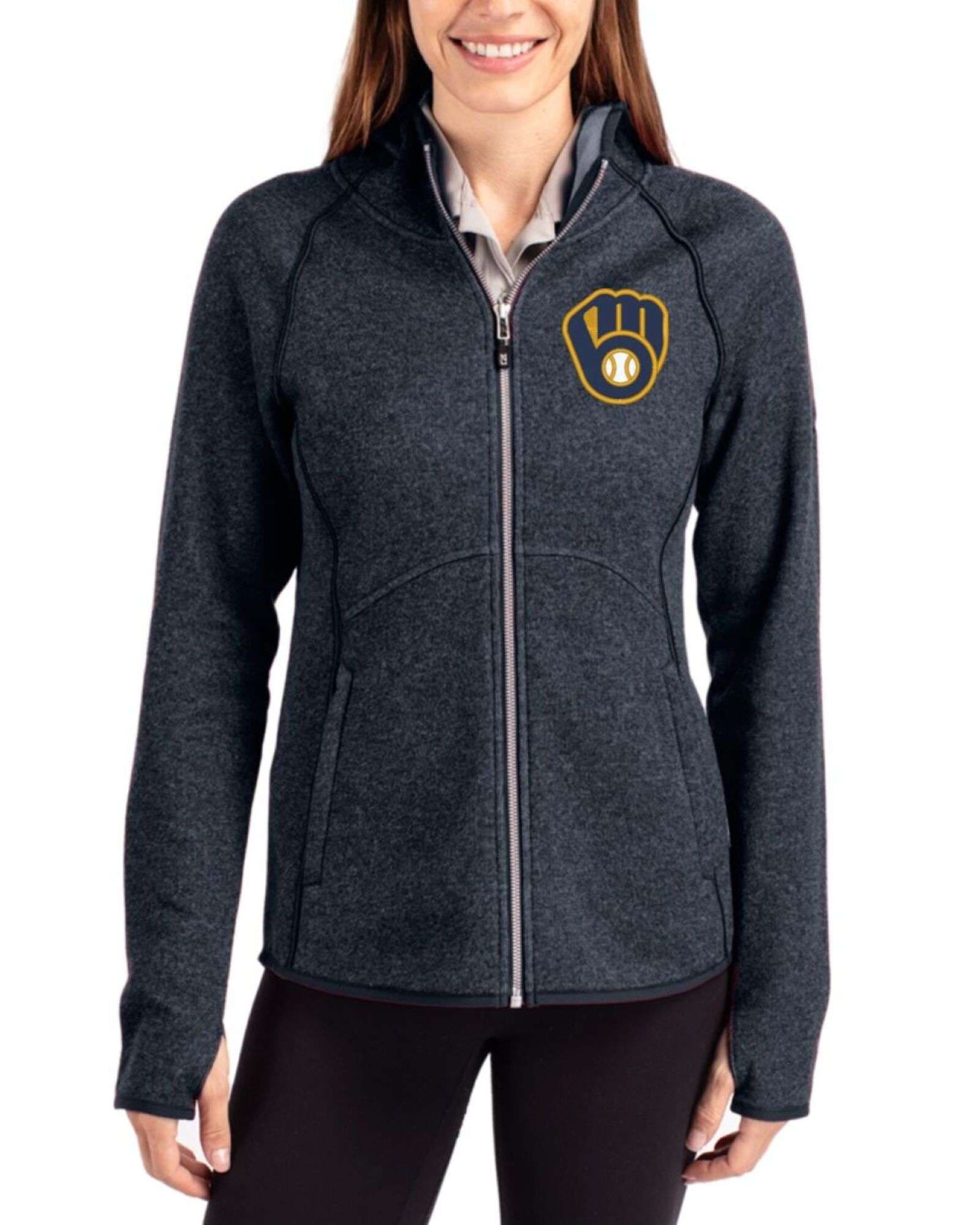 Women's Milwaukee Brewers Cutter & Buck Liberty Navy Heather Mainsail Sweater-Knit Full Zip Hooded Jacket