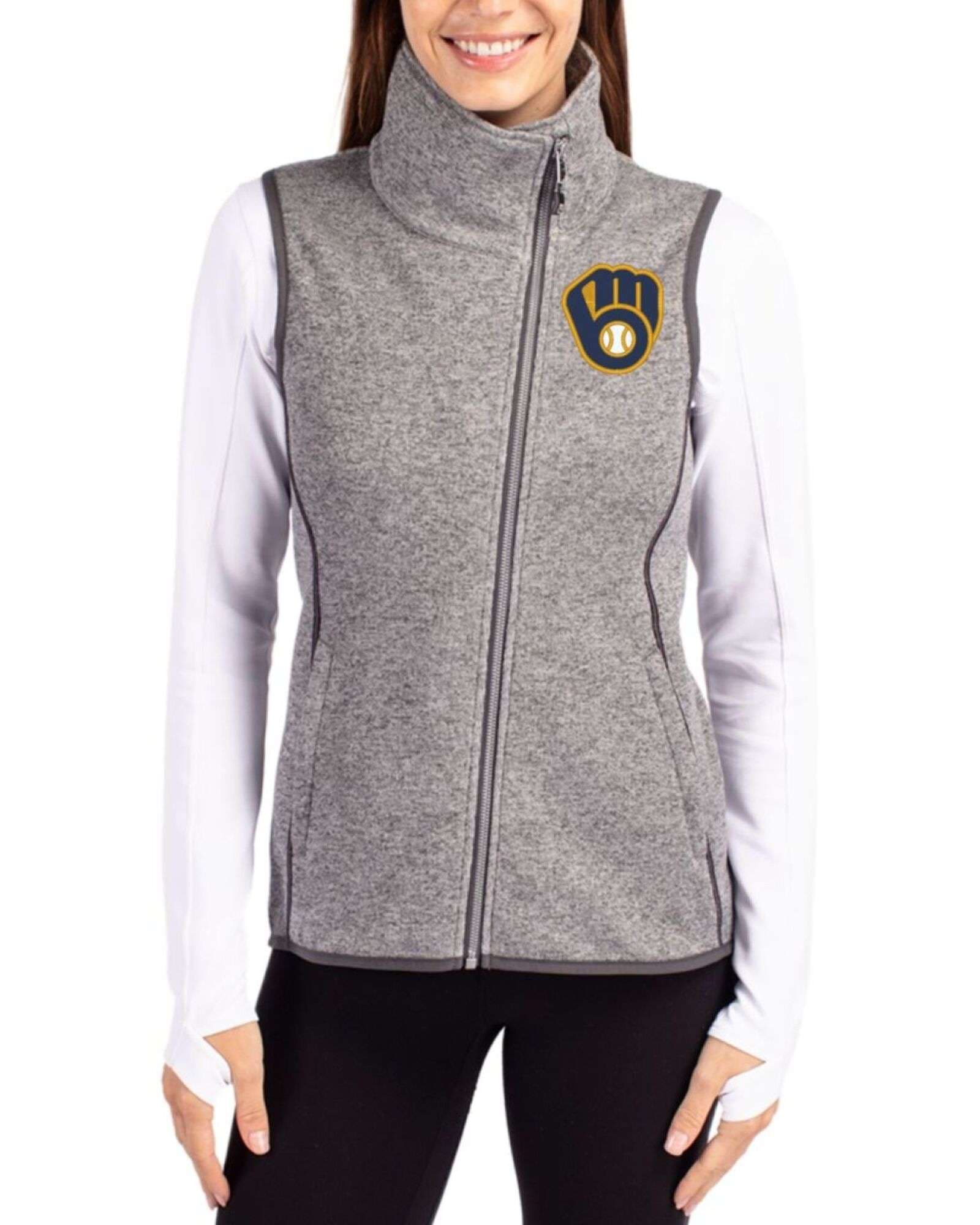Women's Milwaukee Brewers Cutter & Buck Polished Heather Mainsail Sweater-Knit Full Zip Asymmetrical Vest