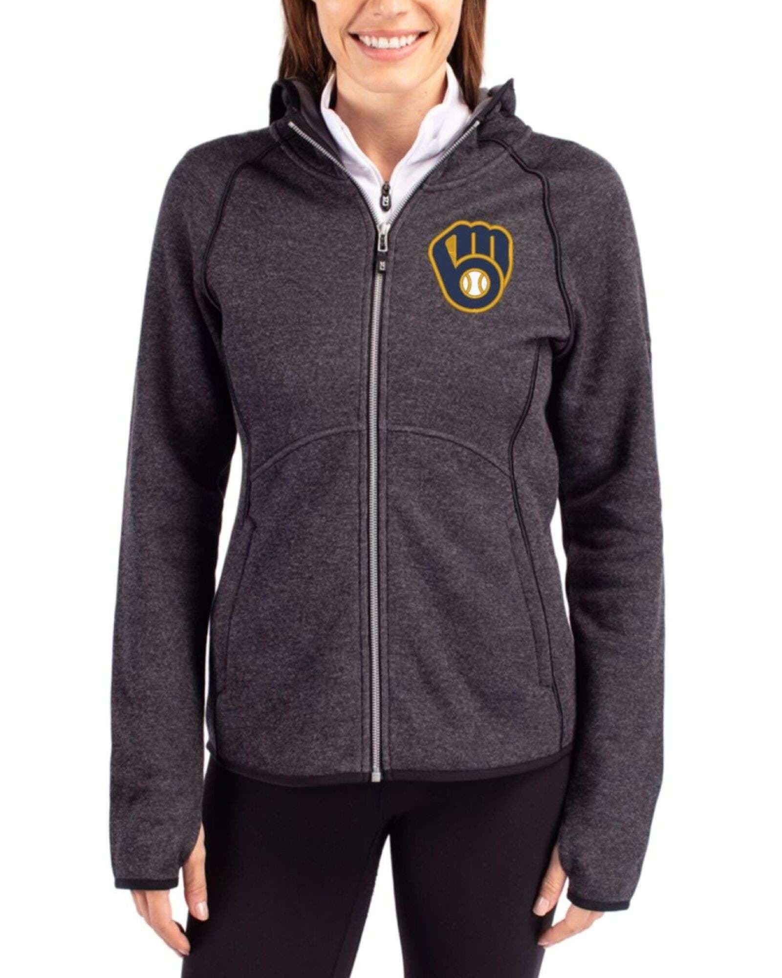 Women's Milwaukee Brewers Cutter & Buck Charcoal Heather Mainsail Sweater-Knit Full Zip Hooded Jacket