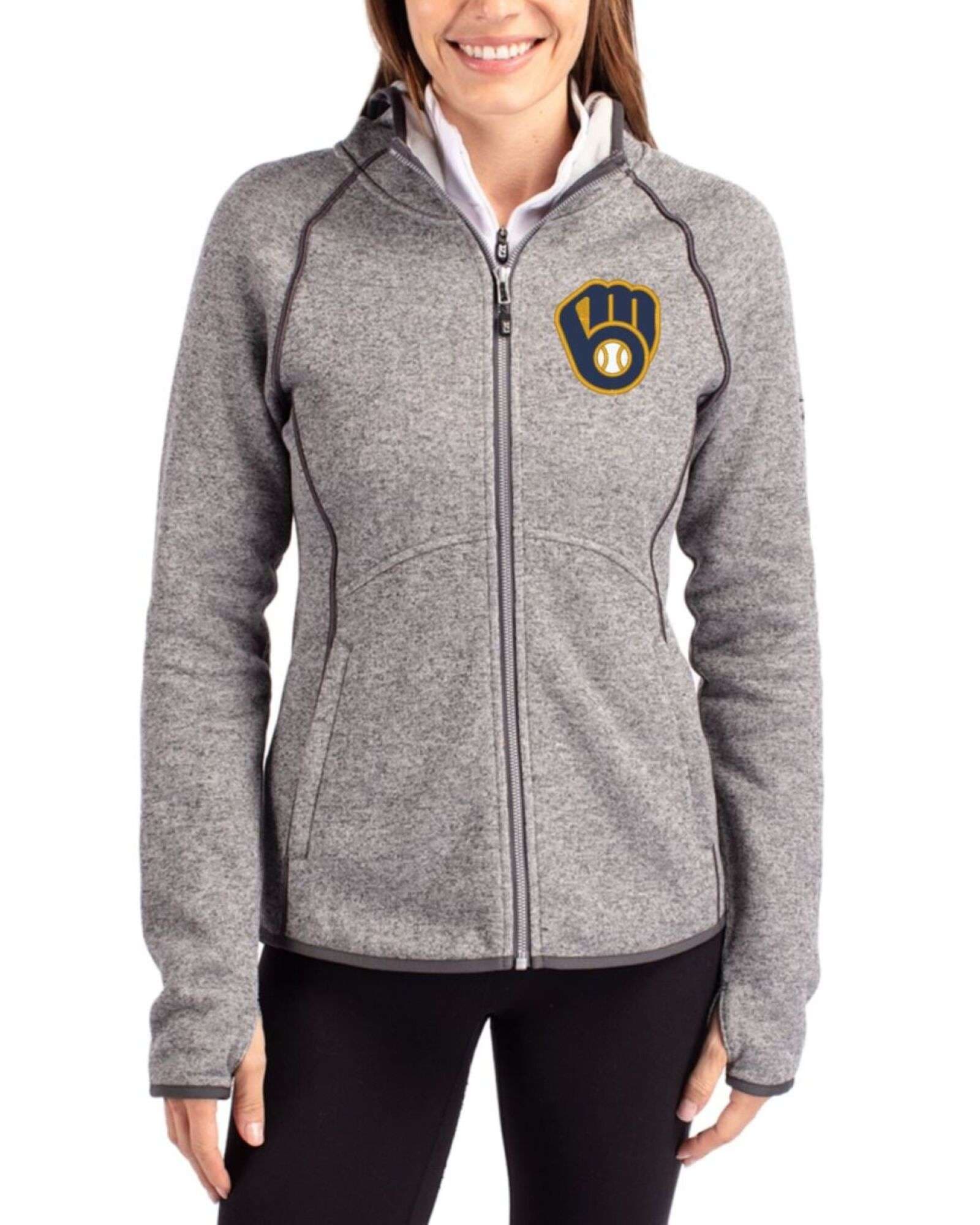 Women's Milwaukee Brewers Cutter & Buck Polished Heather Mainsail Sweater-Knit Full Zip Hooded Jacket