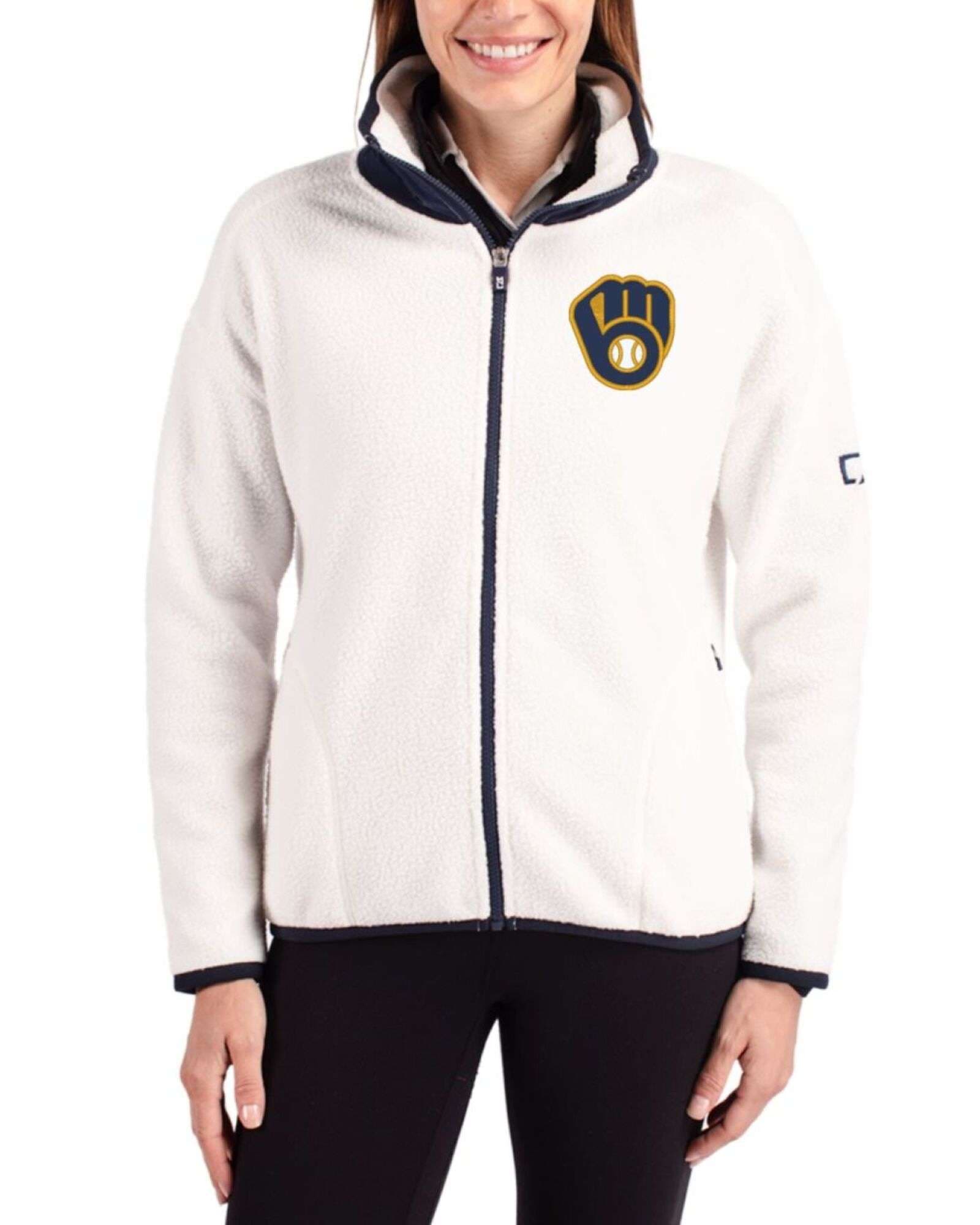 Women's Milwaukee Brewers Cutter & Buck Shell/Navy Blue Cascade Epic Comfort Sherpa Fleece Full Zip Jacket