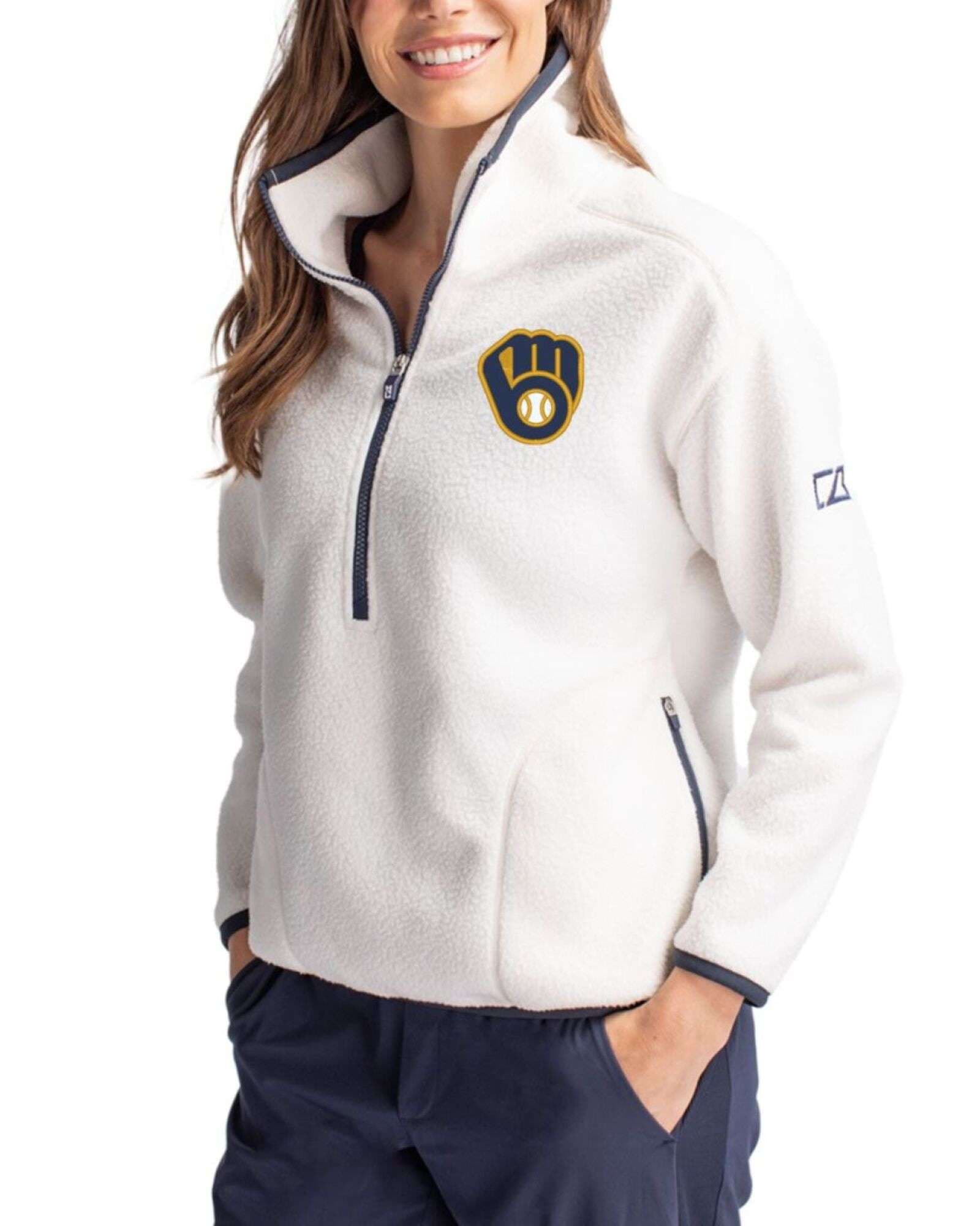 Women's Milwaukee Brewers Cutter & Buck Shell/Navy Blue Cascade Epic Comfort Sherpa Fleece Pullover Jacket