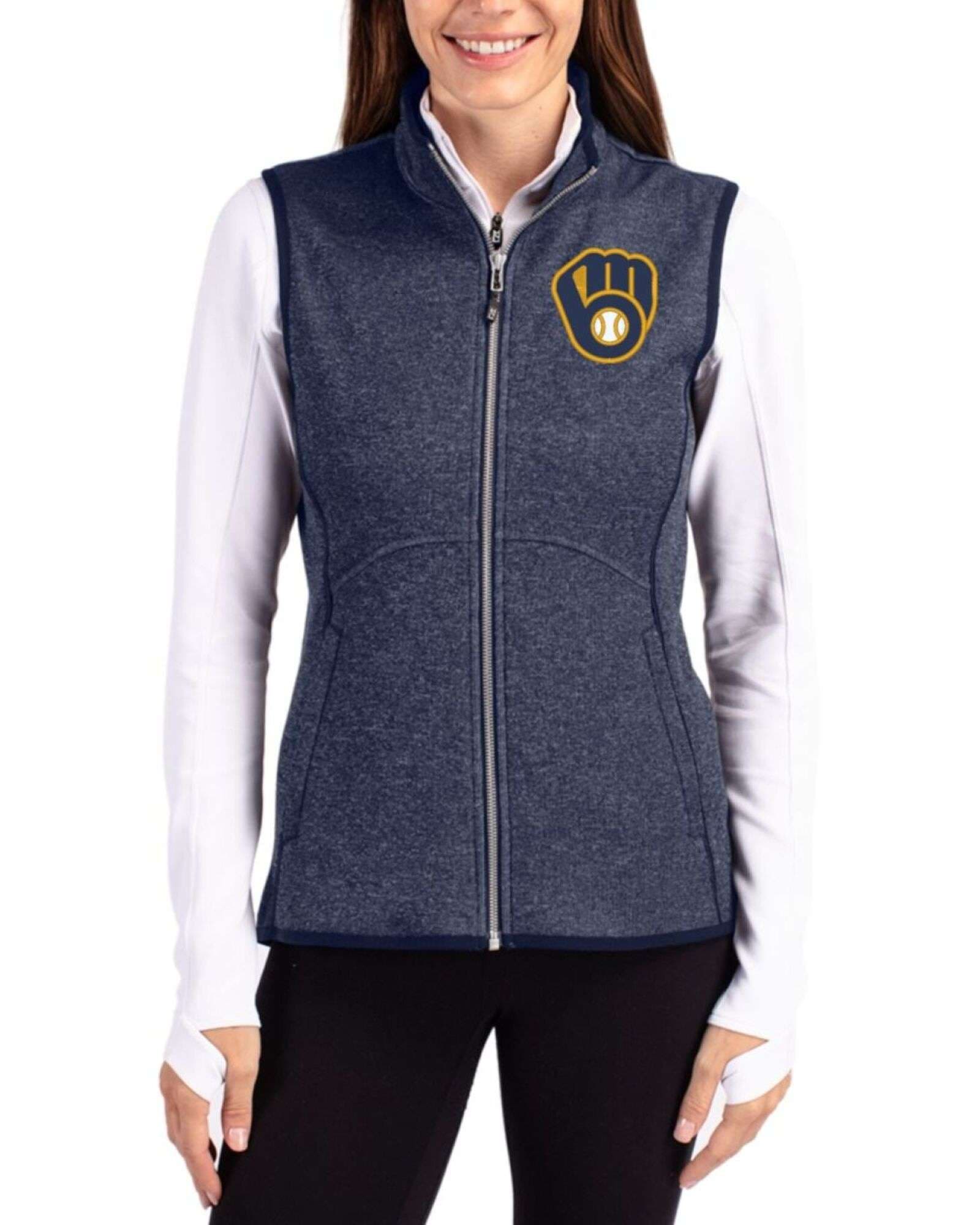 Women's Milwaukee Brewers Cutter & Buck Liberty Navy Heather Mainsail Sweater-Knit Full Zip Vest