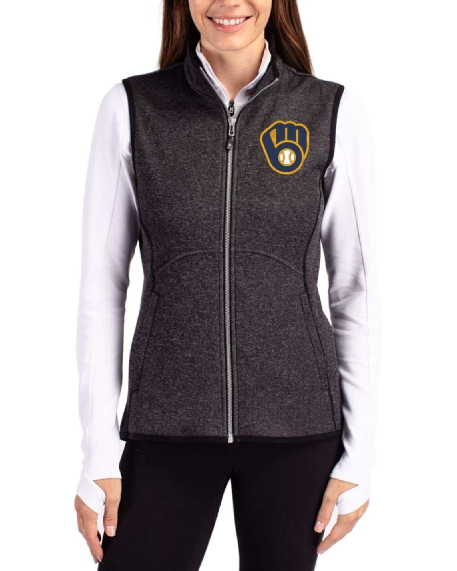 Women's Milwaukee Brewers Cutter & Buck Charcoal Heather Mainsail Sweater-Knit Full Zip Vest