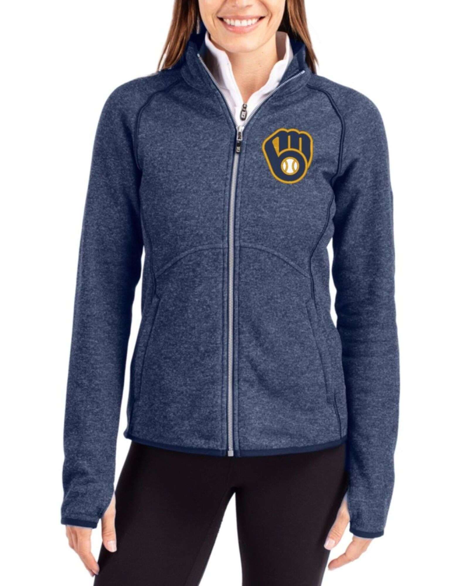 Women's Milwaukee Brewers Cutter & Buck Liberty Navy Heather Mainsail Sweater-Knit Full Zip Jacket