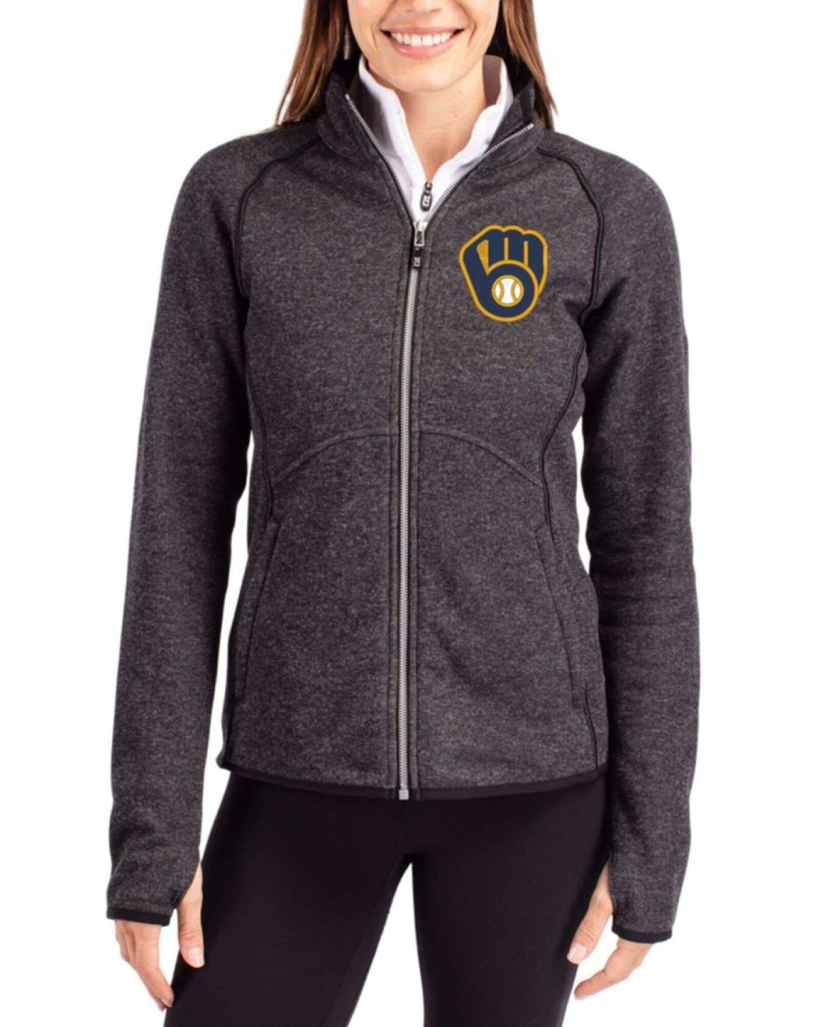 Women's Milwaukee Brewers Cutter & Buck Charcoal Heather Mainsail Sweater-Knit Full Zip Jacket