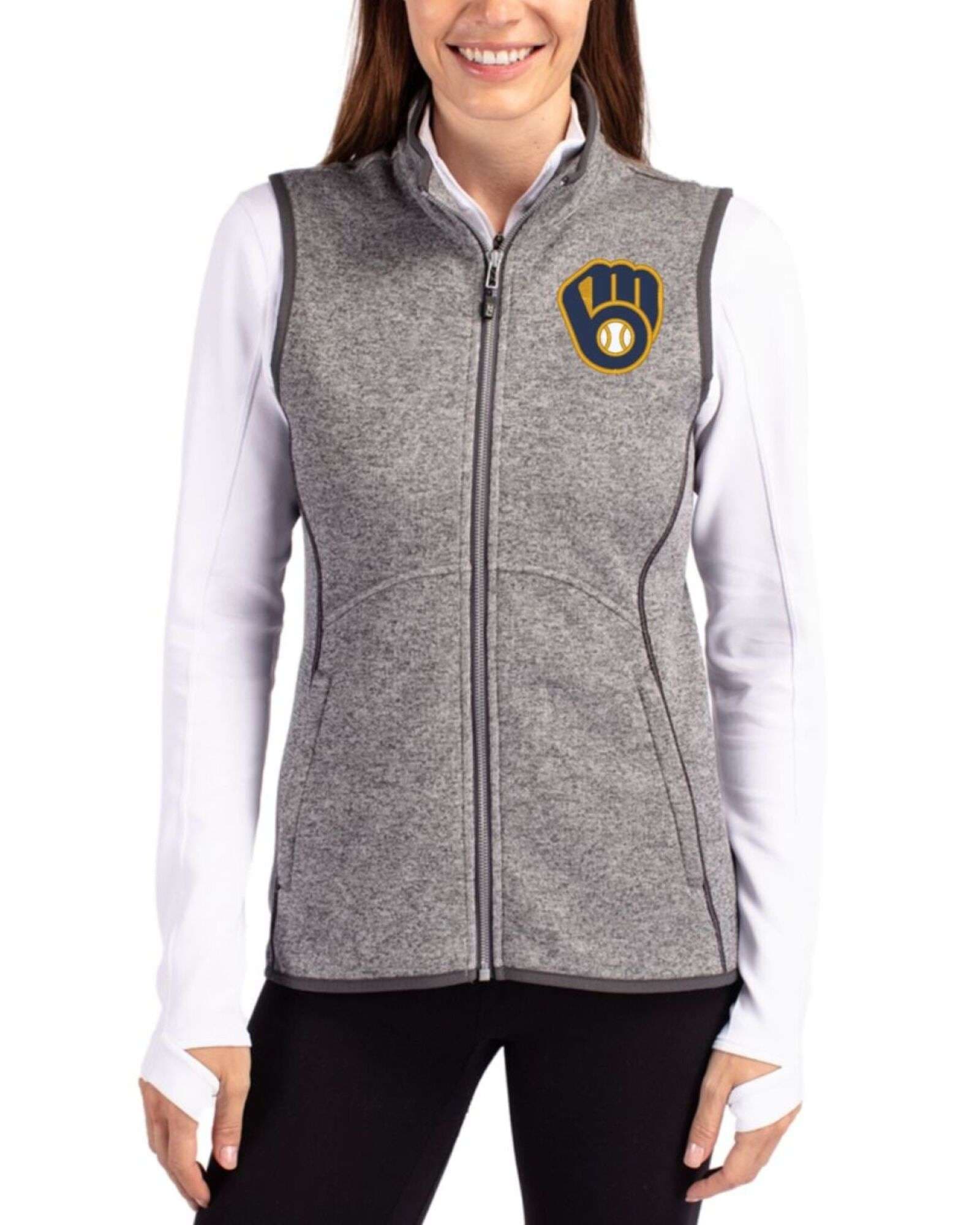 Women's Milwaukee Brewers Cutter & Buck Polished Heather Mainsail Sweater-Knit Full Zip Vest