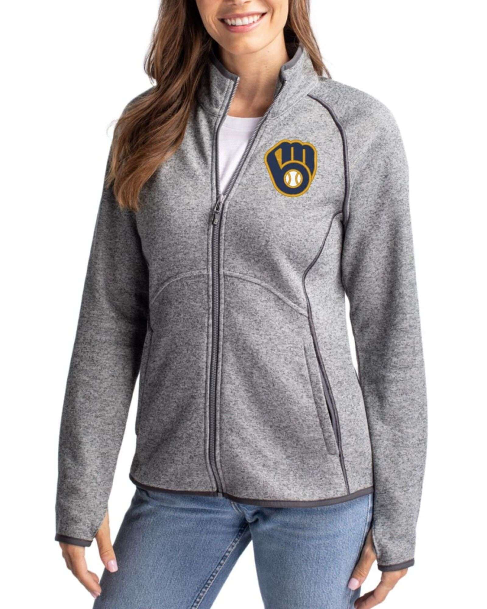 Women's Milwaukee Brewers Cutter & Buck Polished Heather Mainsail Sweater-Knit Full Zip Jacket