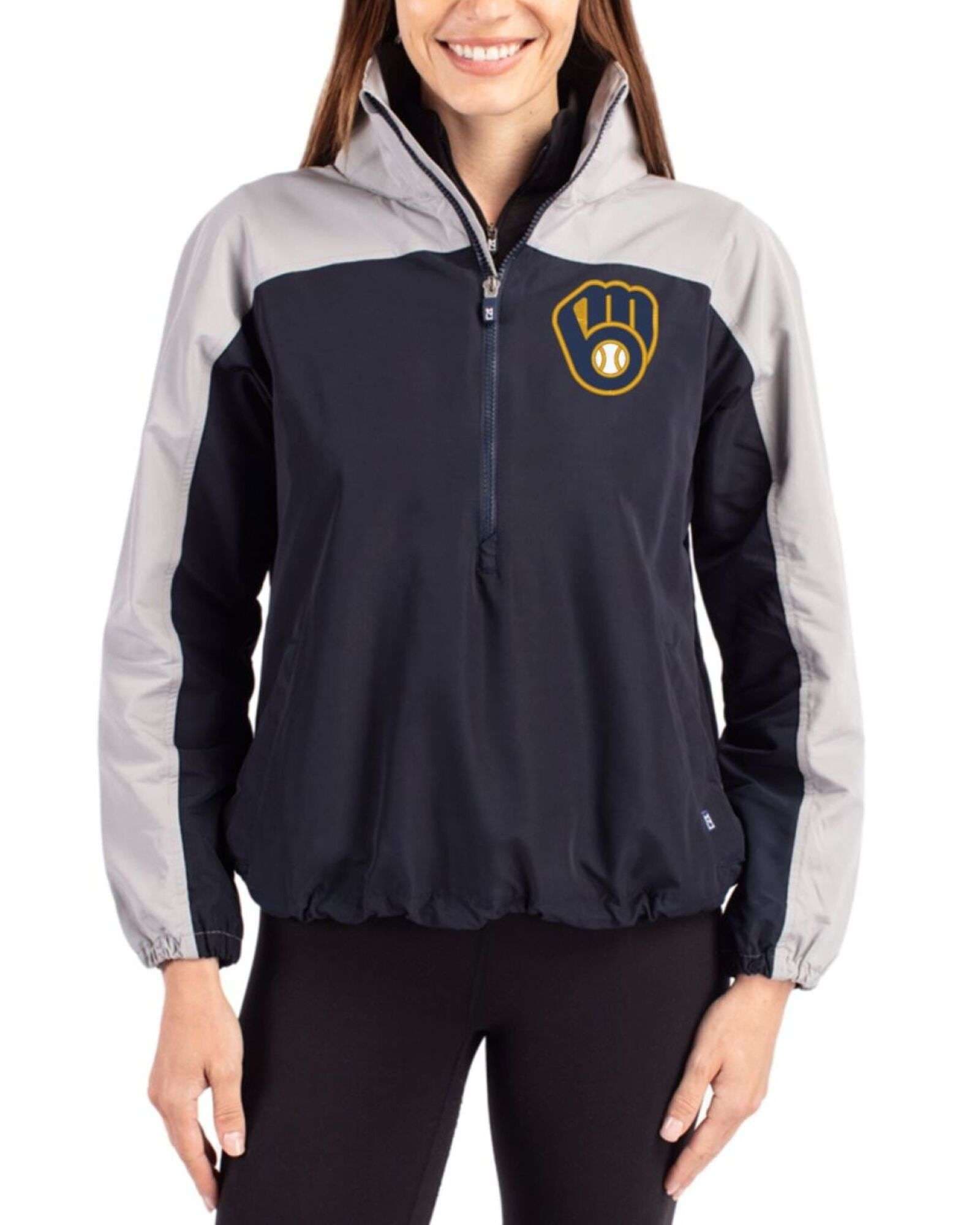 Women's Milwaukee Brewers Cutter & Buck Navy Blue/Polished Charter Epic Versatility Half Zip Anorak Jacket