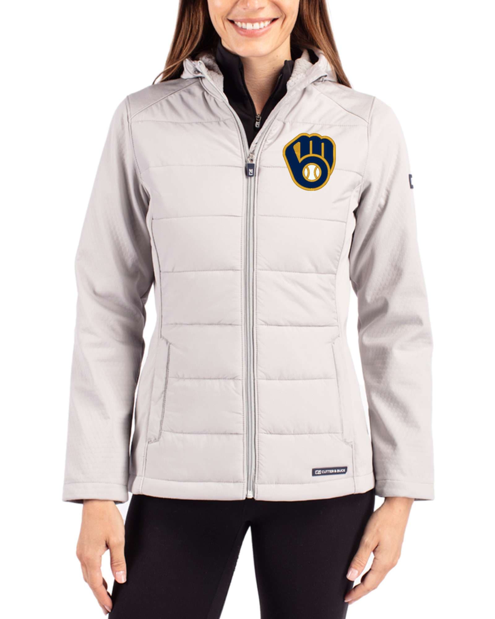 Women's Milwaukee Brewers Cutter & Buck Concrete Evoke Epic Versatility Hybrid Softshell Full Zip Hooded Jacket