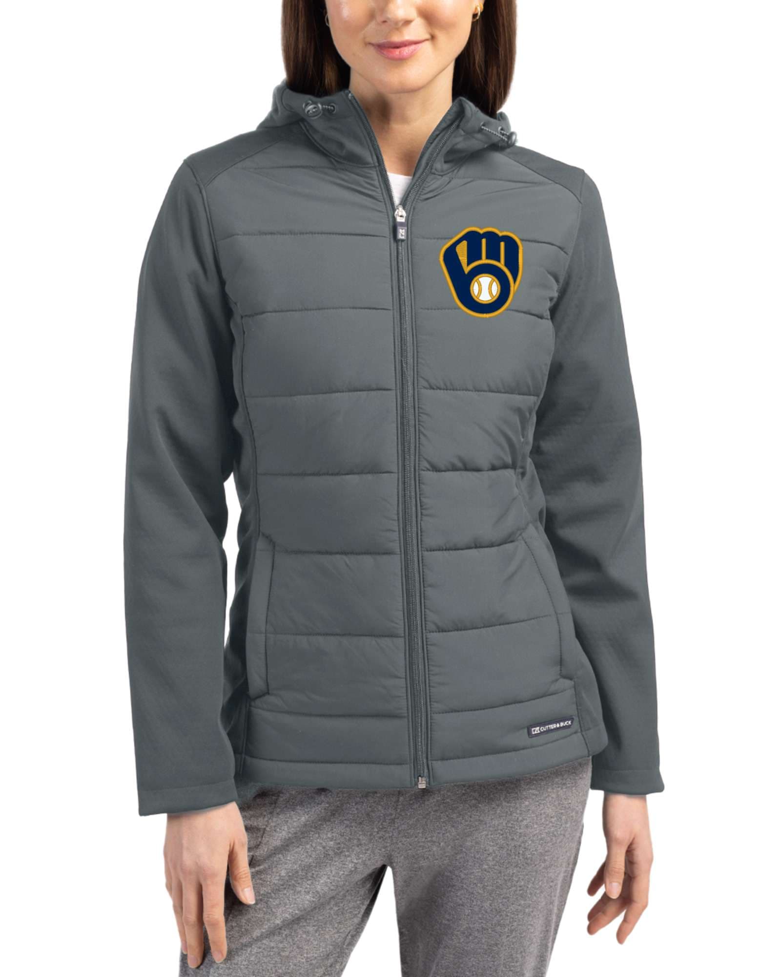 Women's Milwaukee Brewers Cutter & Buck Elemental Grey Evoke Epic Versatility Hybrid Softshell Full Zip Hooded Jacket