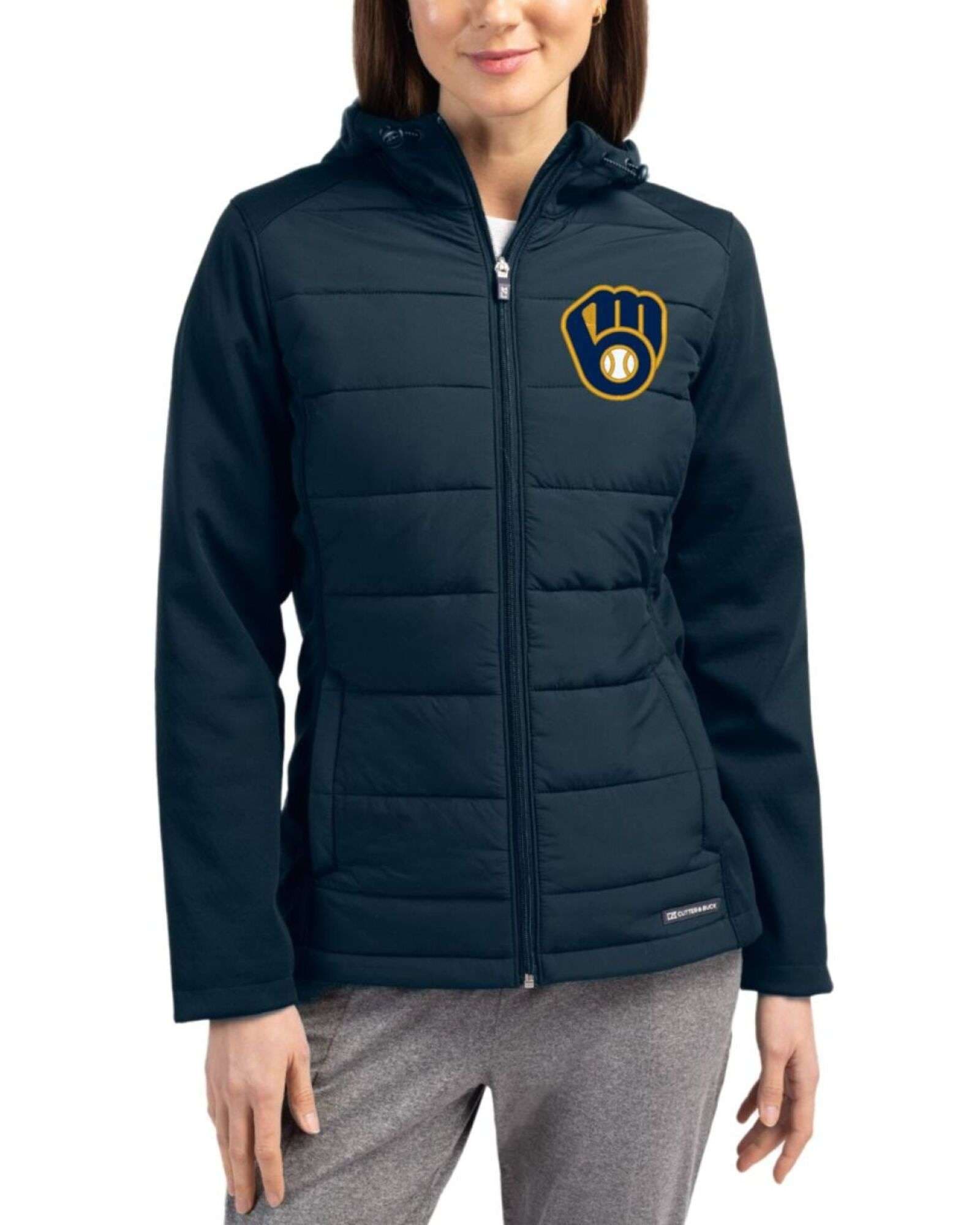 Women's Milwaukee Brewers Cutter & Buck Navy Blue Evoke Epic Versatility Hybrid Softshell Full Zip Hooded Jacket