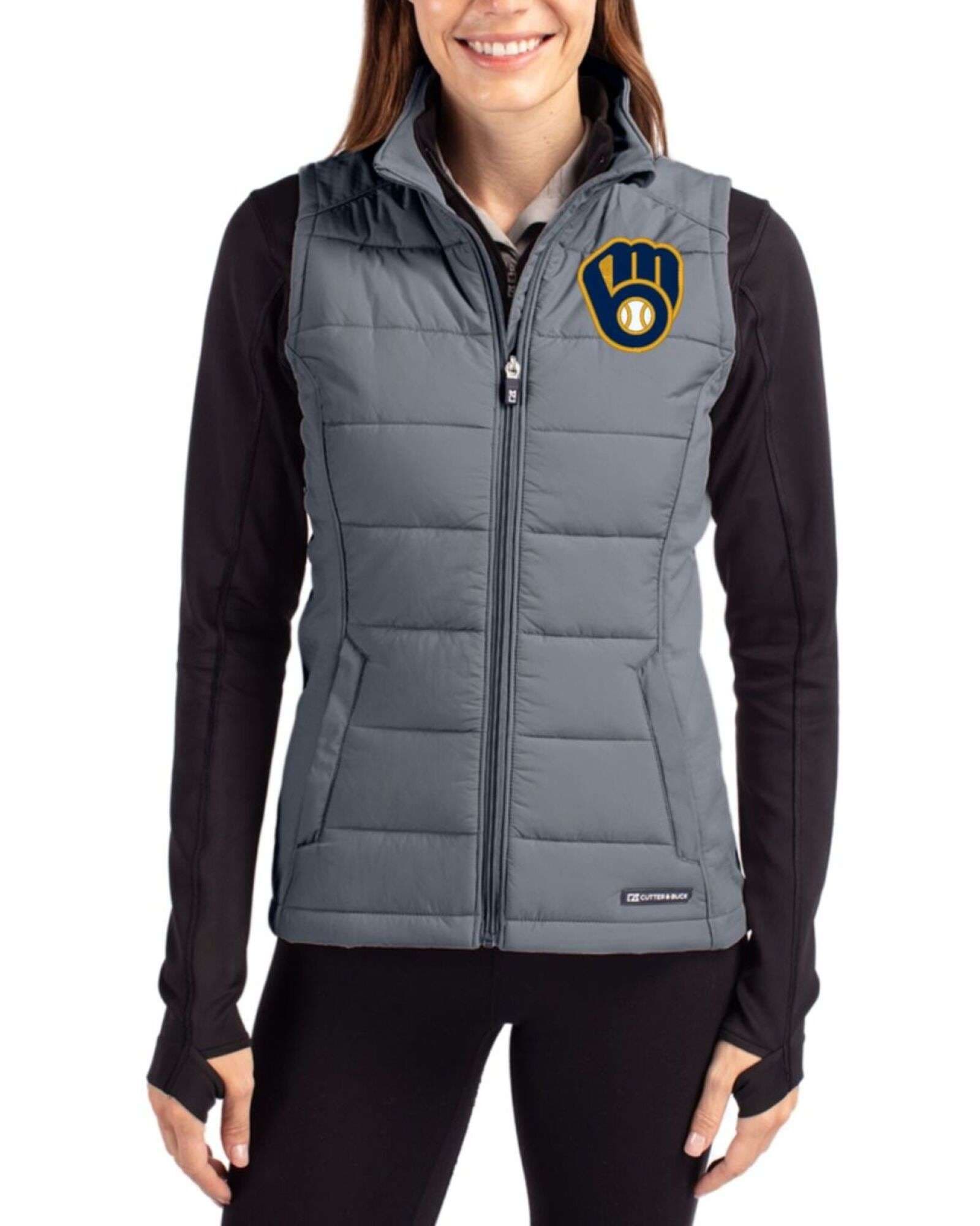 Women's Milwaukee Brewers Cutter & Buck Elemental Grey Evoke Epic Versatility Hybrid Softshell Full Zip Vest