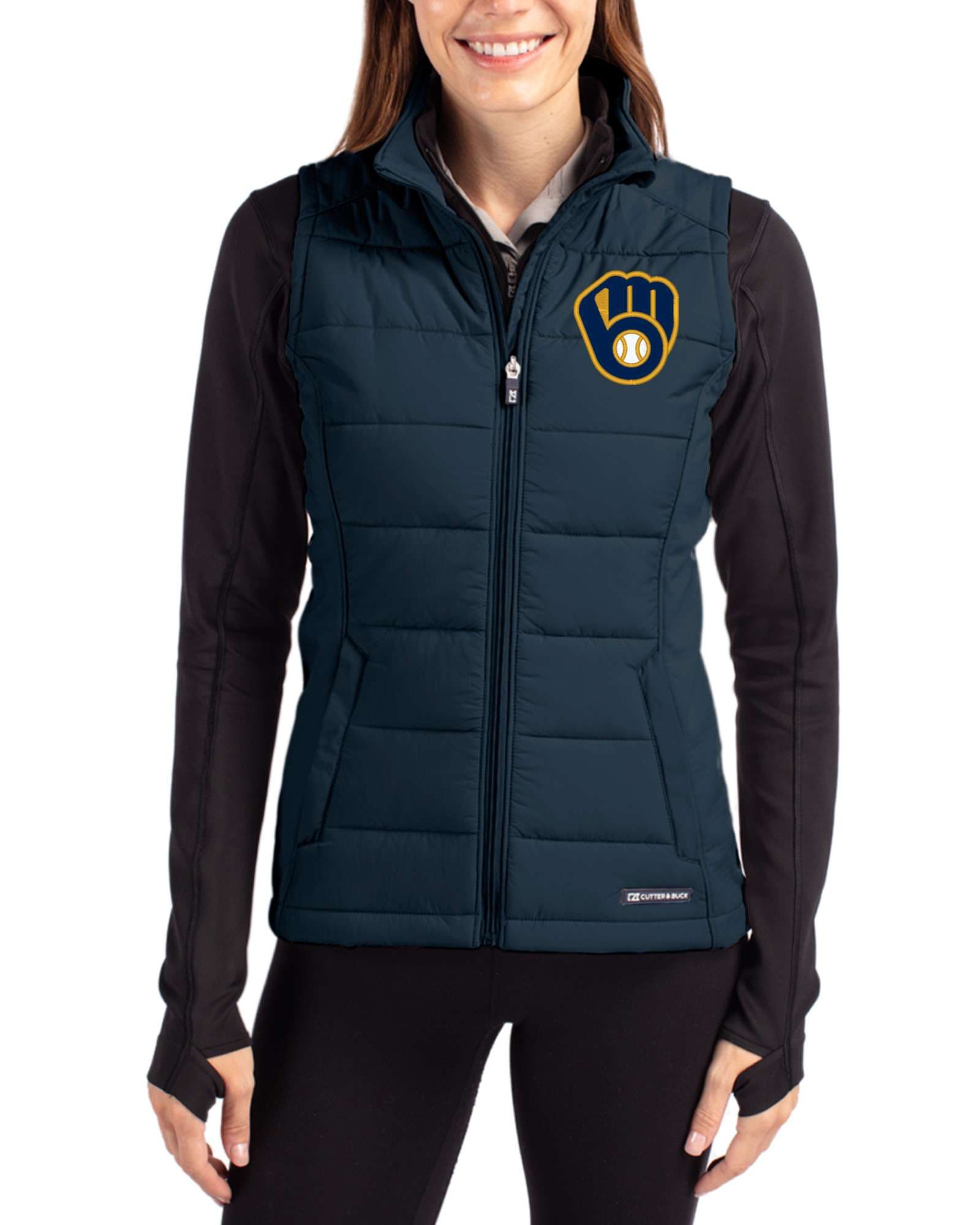 Women's Milwaukee Brewers Cutter & Buck Navy Blue Evoke Epic Versatility Hybrid Softshell Full Zip Vest