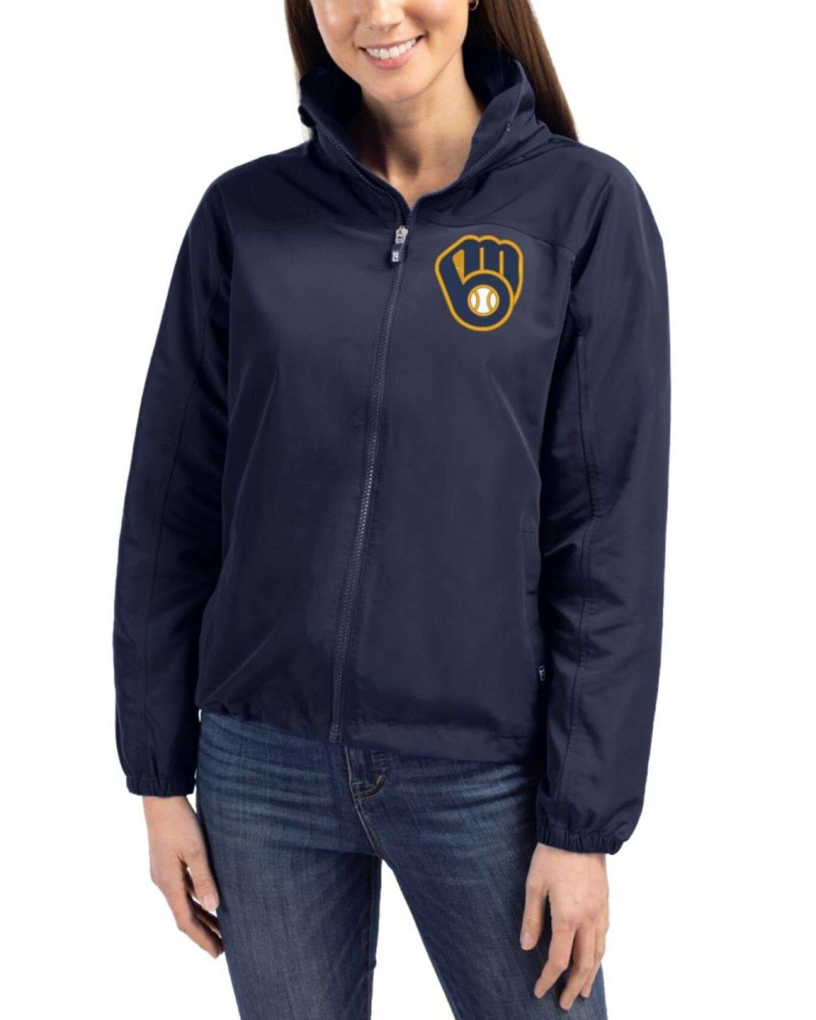 Women's Milwaukee Brewers Cutter & Buck Navy Blue Charter Epic Versatility Full Zip Jacket