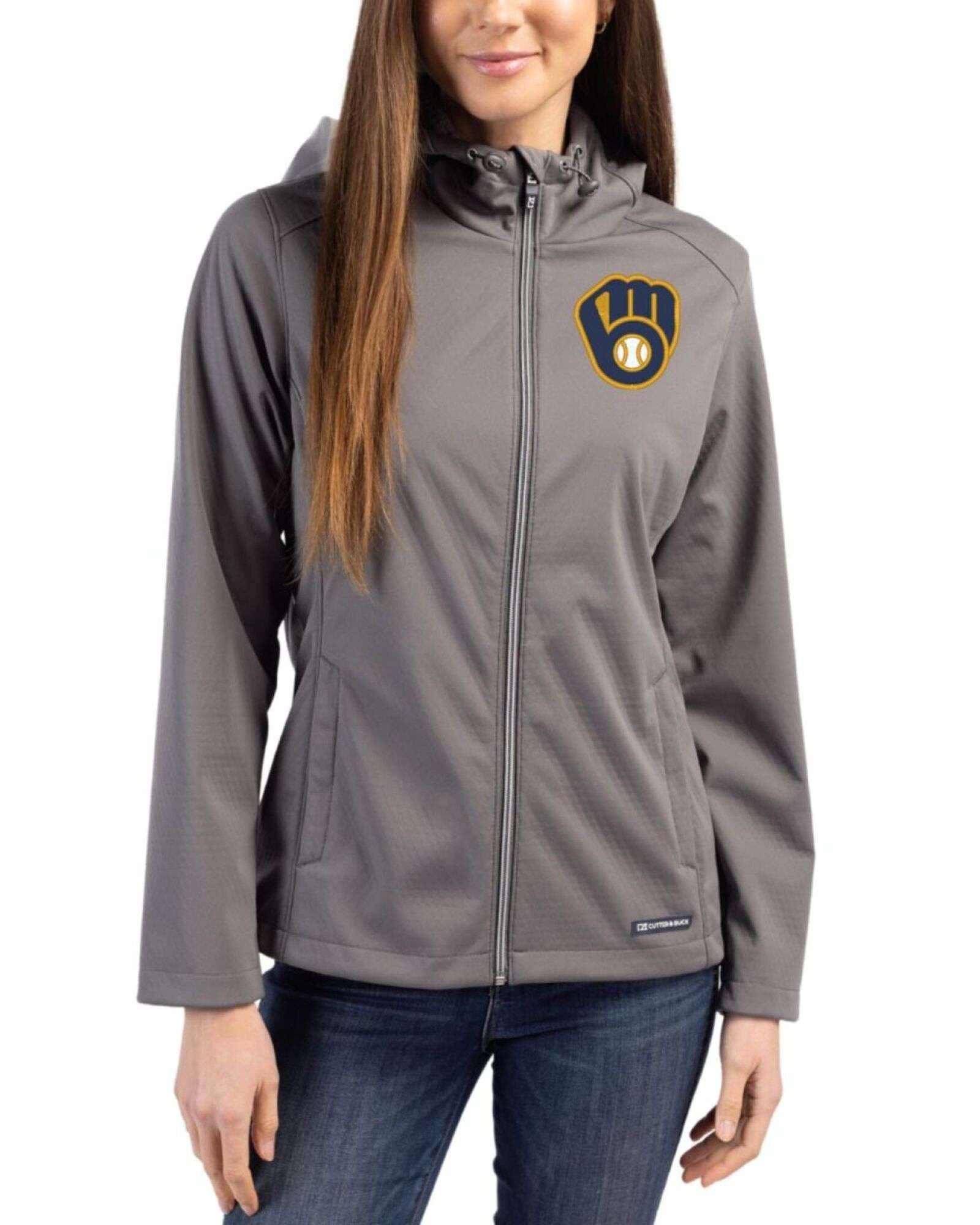 Women's Milwaukee Brewers Cutter & Buck Elemental Grey Evoke Epic Versatility Softshell Full Zip Jacket