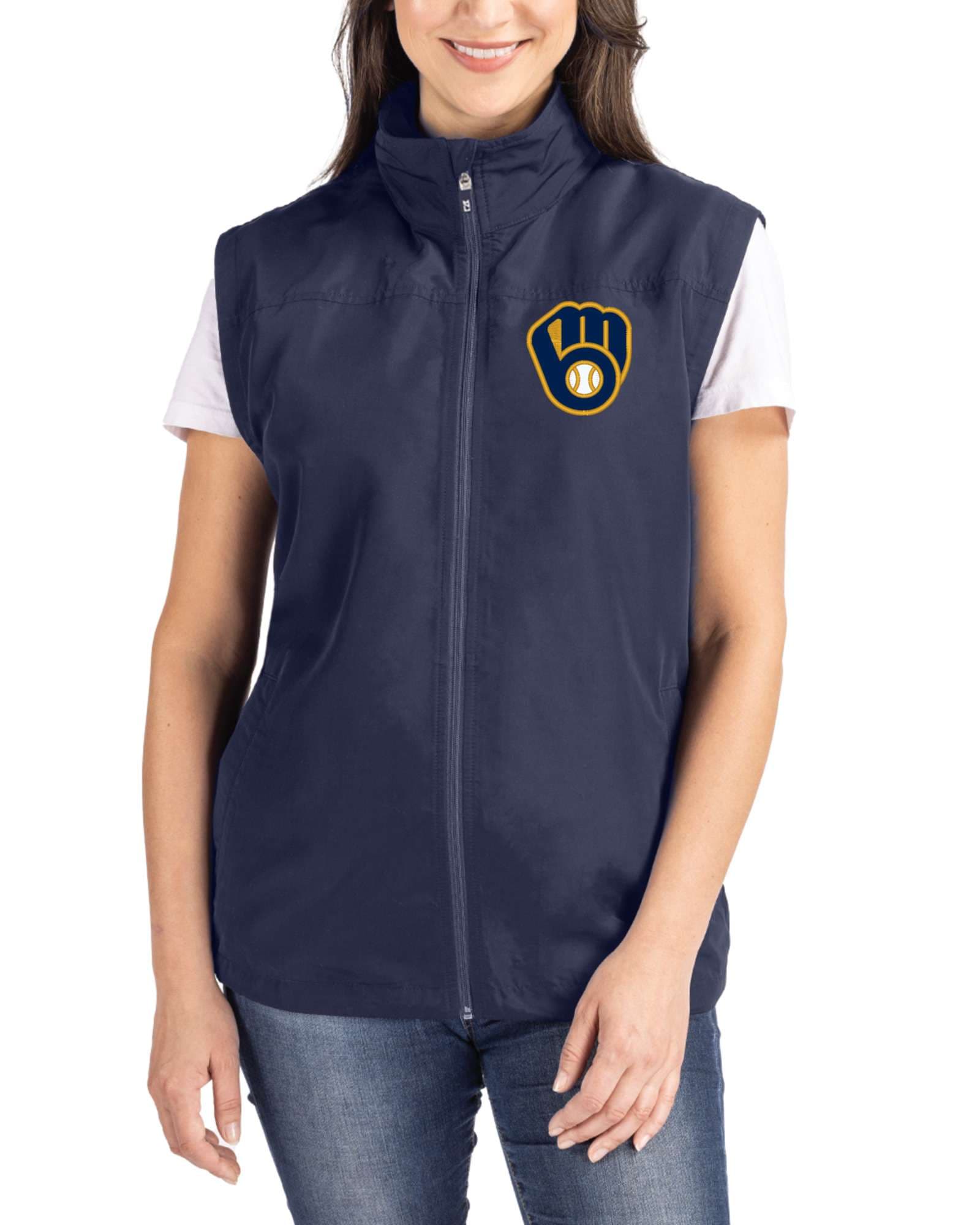 Women's Milwaukee Brewers Cutter & Buck Navy Blue Charter Epic Versatility Packable Full Zip Vest