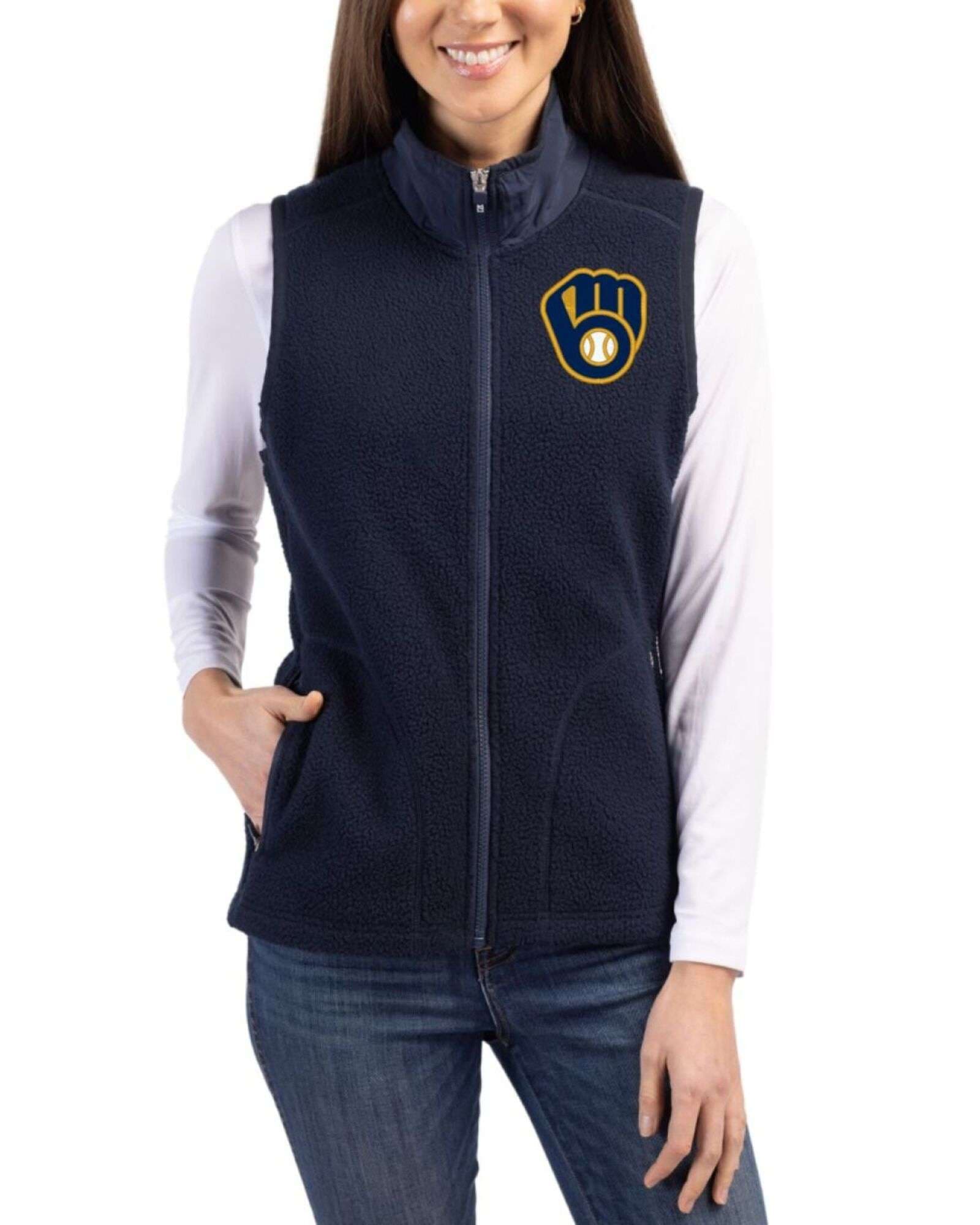 Women's Milwaukee Brewers Cutter & Buck Navy Blue Cascade Epic Comfort Sherpa Fleece Full Zip Vest