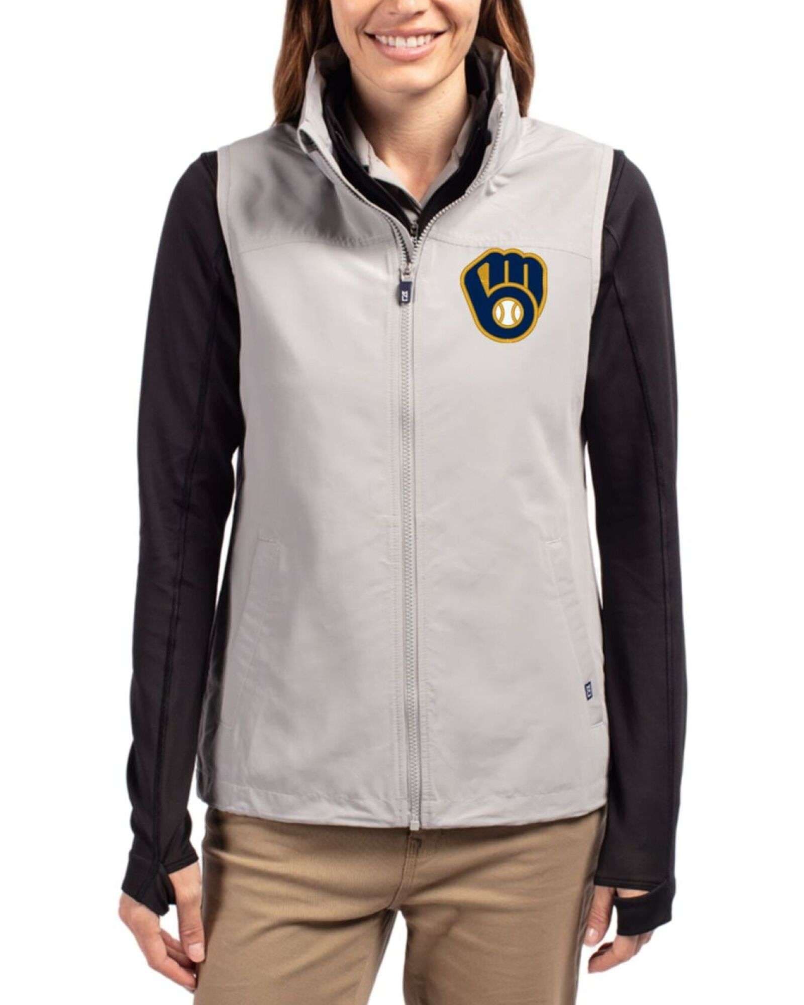 Women's Milwaukee Brewers Cutter & Buck Polished Charter Epic Versatility Packable Full Zip Vest