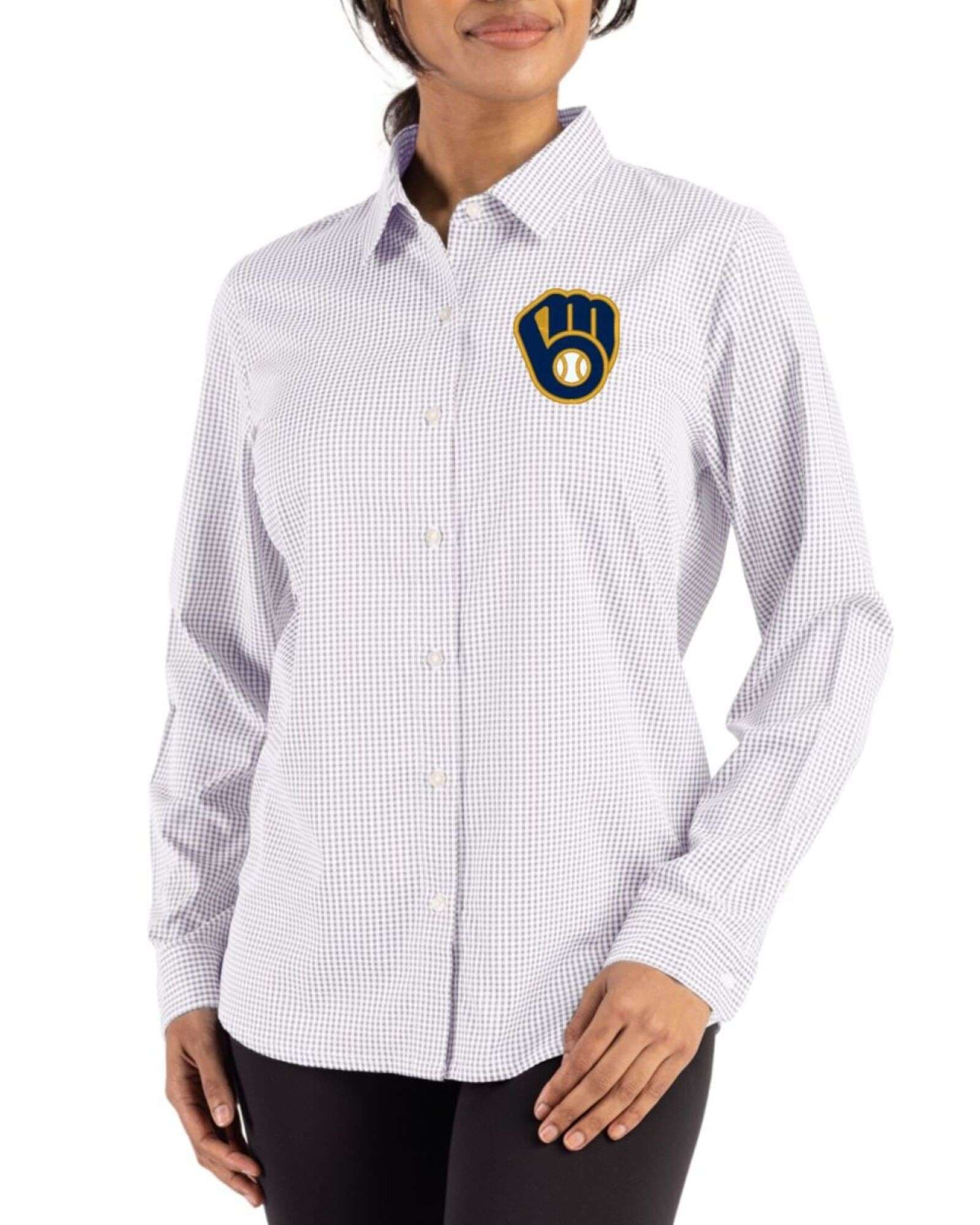 Women's Milwaukee Brewers Cutter & Buck Concrete/White Skyline Gingham Long Sleeve Spread Collar Dress Shirt