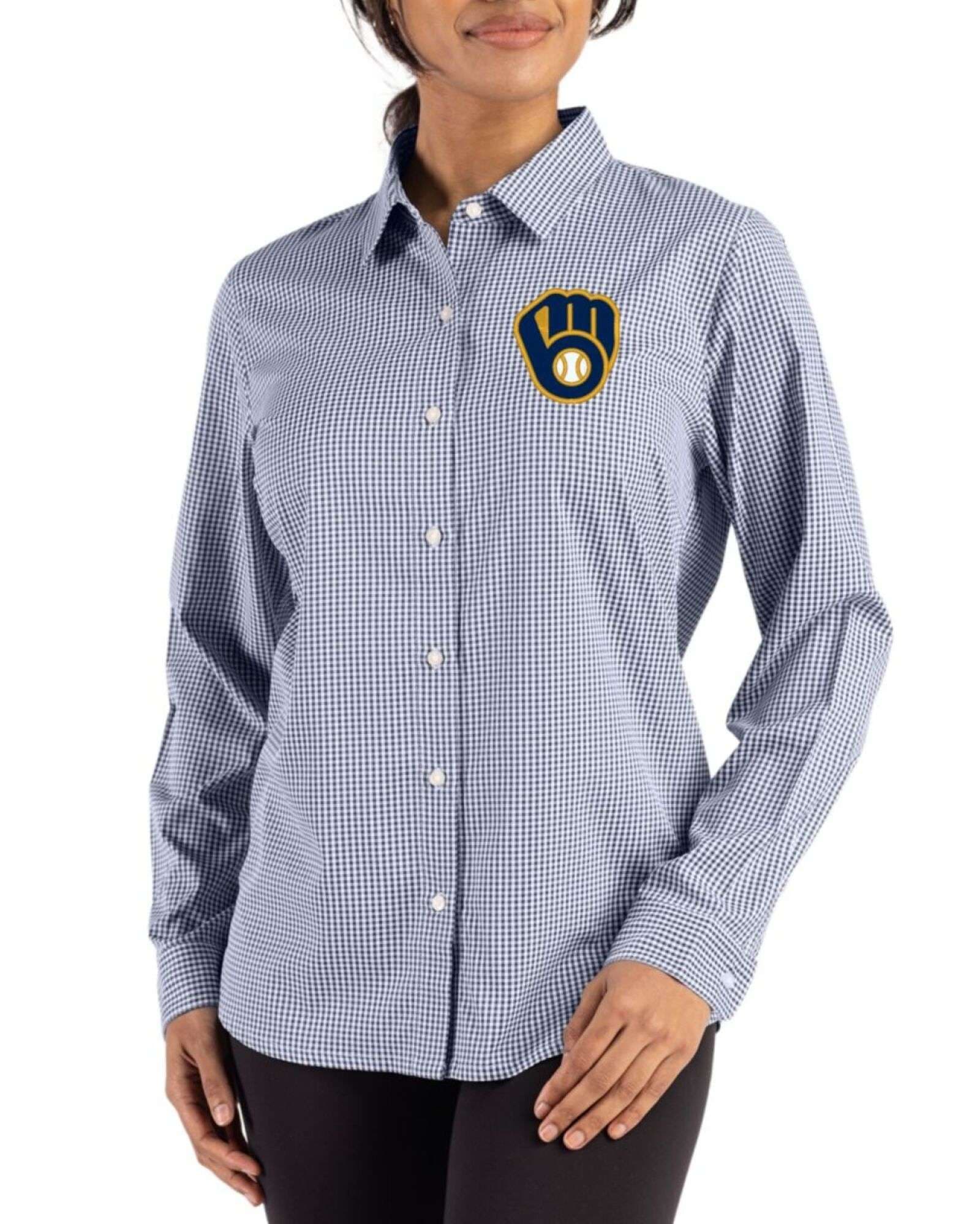 Women's Milwaukee Brewers Cutter & Buck Navy Blue/White Skyline Gingham Long Sleeve Spread Collar Dress Shirt