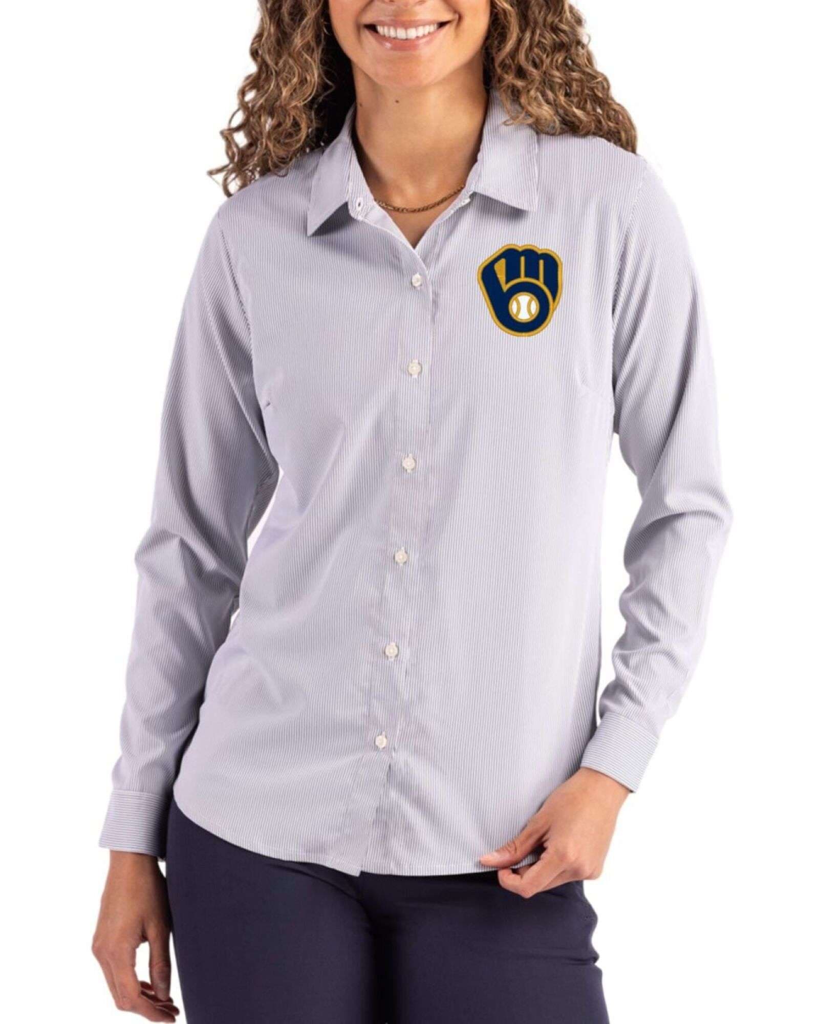 Women's Milwaukee Brewers Cutter & Buck Elemental Grey/White Skyline Pinstripe Long Sleeve Spread Collar Dress Shirt