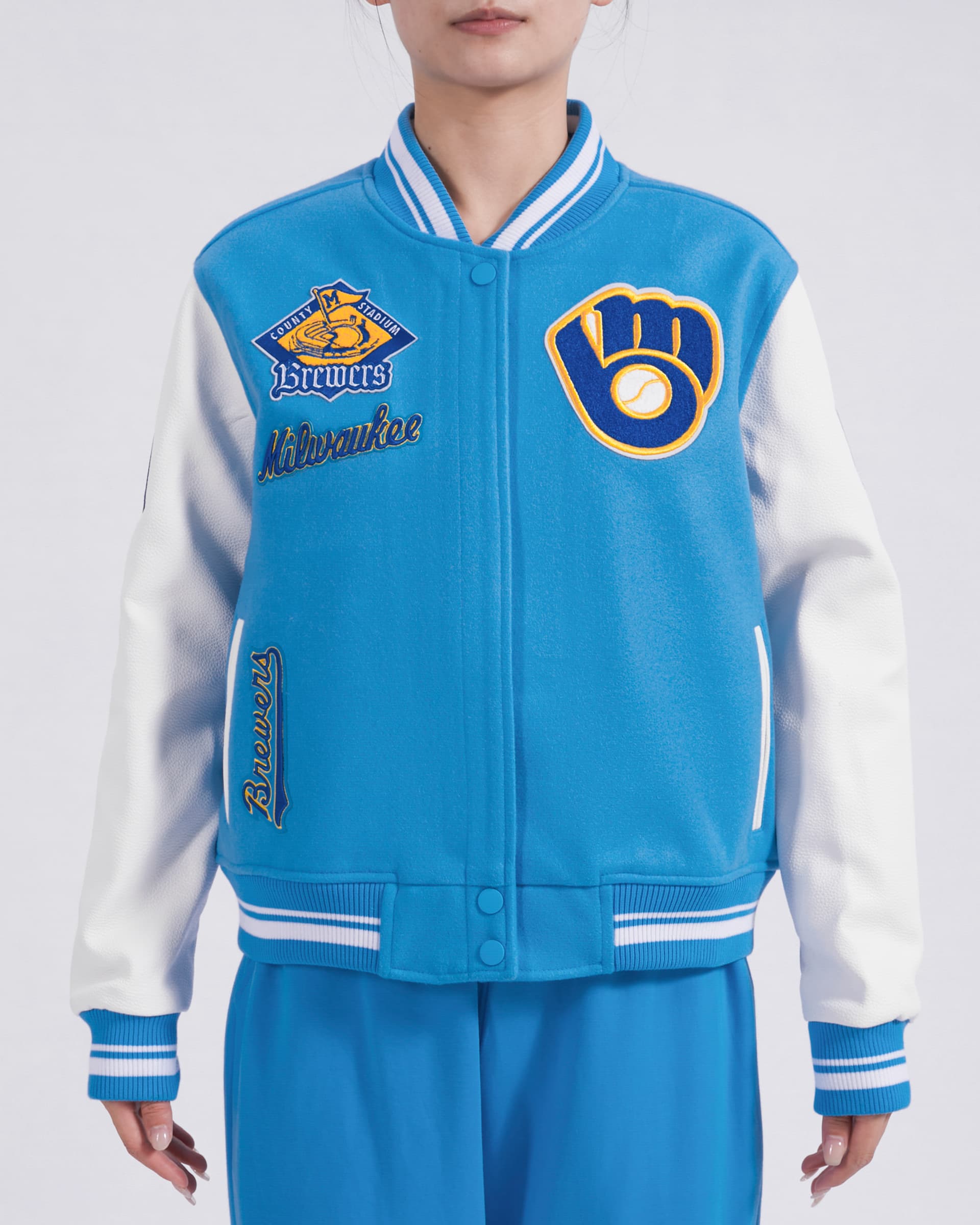 Women’s Milwaukee Brewers University Blue and White Retro Classic Rib Wool Varsity Jacket by Pro Standard®