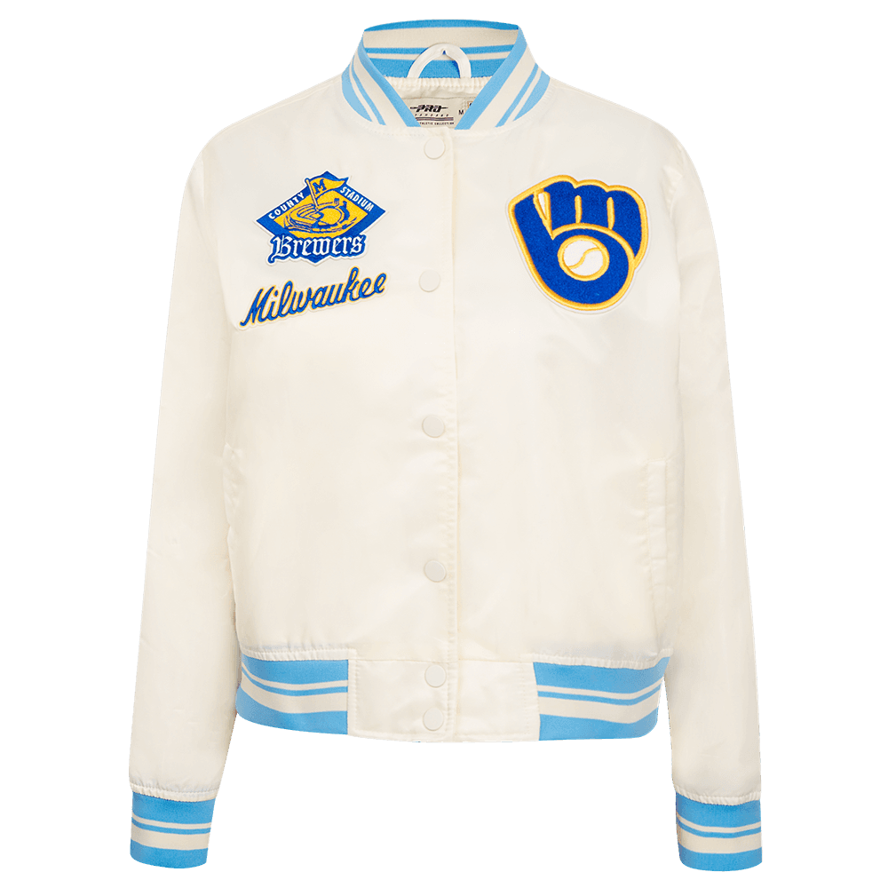 Women’s Milwaukee Brewers Eggshell and University Blue Retro Classic Rib Satin Jacket by Pro Standard®