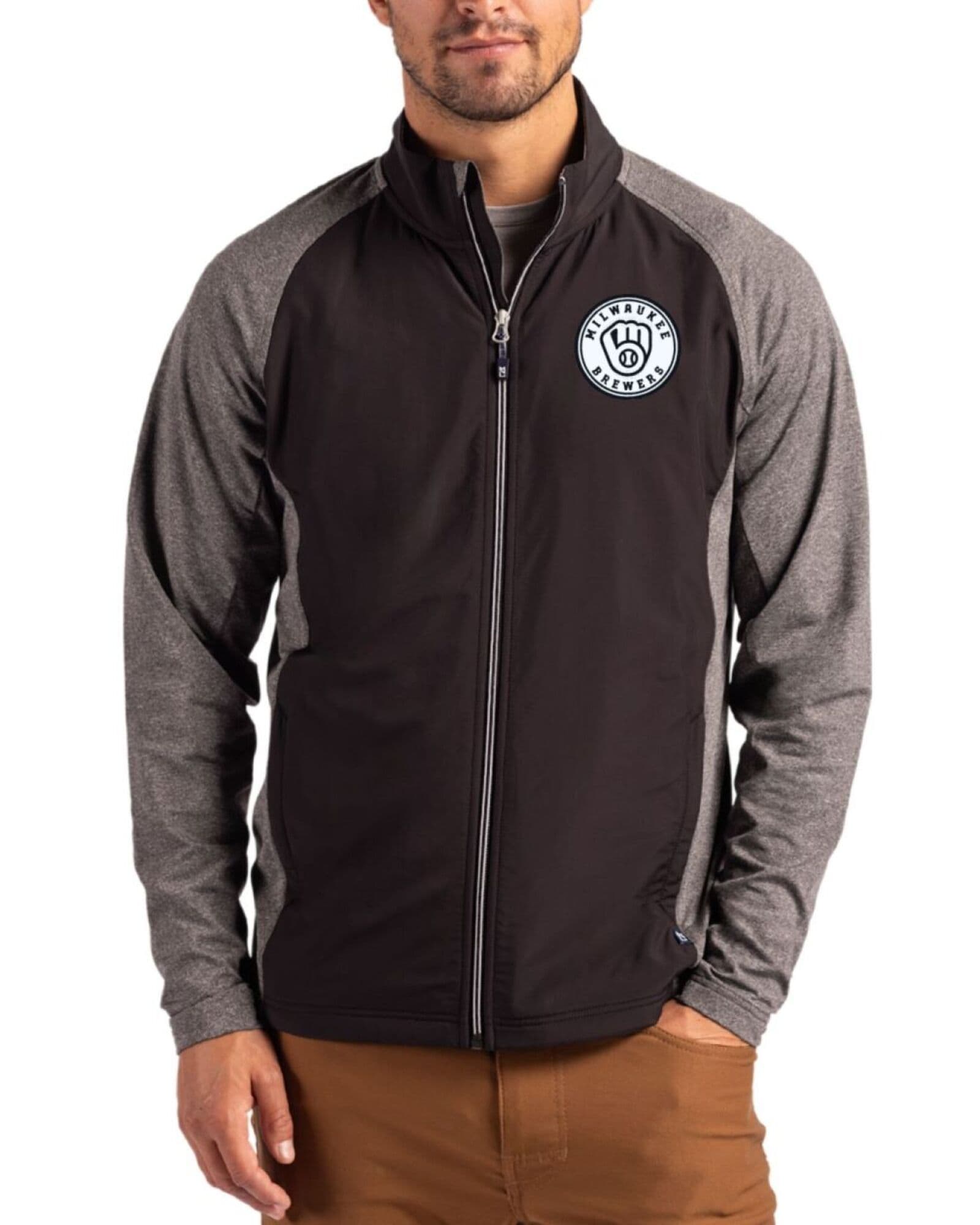 Men's Milwaukee Brewers Cutter & Buck Mono Black Heather/Black Adapt Soft Knit Stretch Hybrid Full Zip Jacket